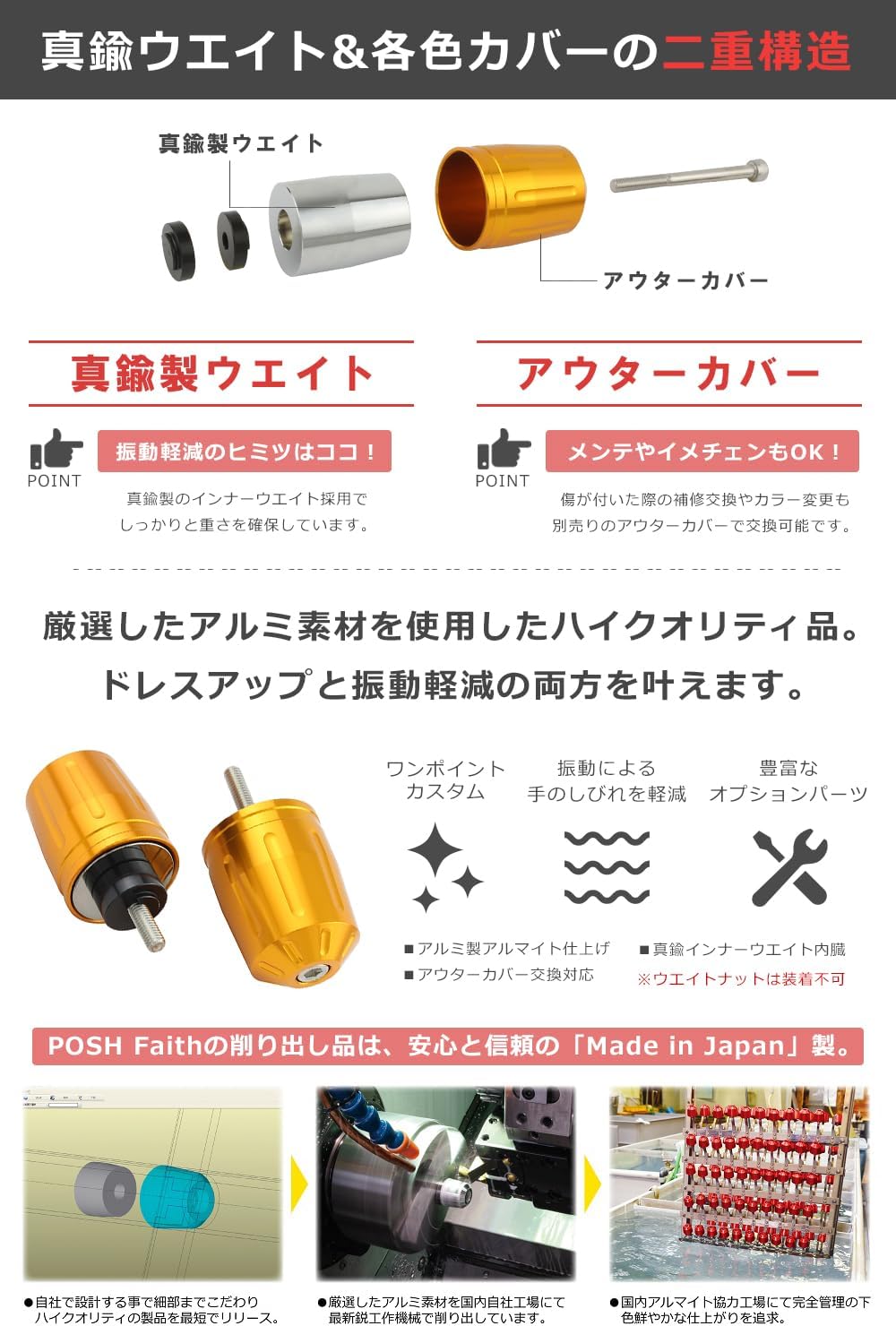 POSH FAITH 033979-12-10 Motorcycle Goods Handlebar End Ultra Heavy Bar End Type 2 For Honda/Suzuki Genuine Handles, M6 Type CB1300SF/SB | CB400SF etc. Champagne Gold