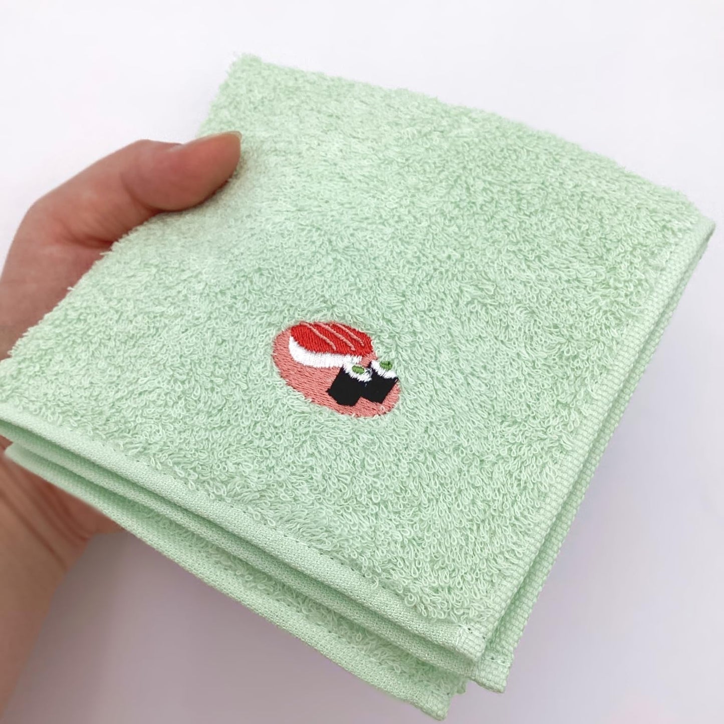 Kyosu, Made in Japan, Imabari Handkerchief, Hand Towel, Wash, Mini, Cotton, Walnut, Embroidery, 9.8 x 9.8 inches (25 x 25 cm), Sushi, Light Green