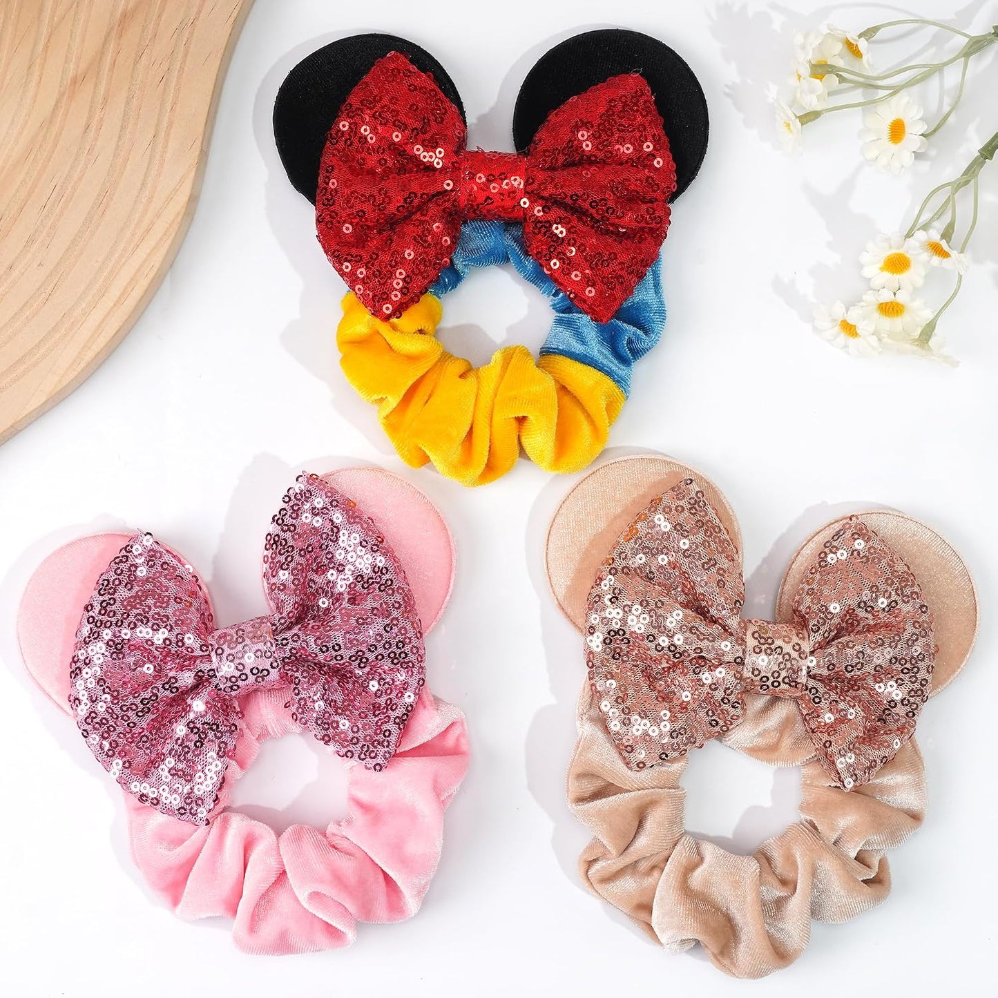Paquete de 6 Coleteros con Orejas de Ratón, Lazos de Terciopelo con Lentejuelas Brillantes, Bandas Elásticas de Goma para Coletas, Lazos para el Cabello, Decoración para Fiesta de Navidad para Niños
