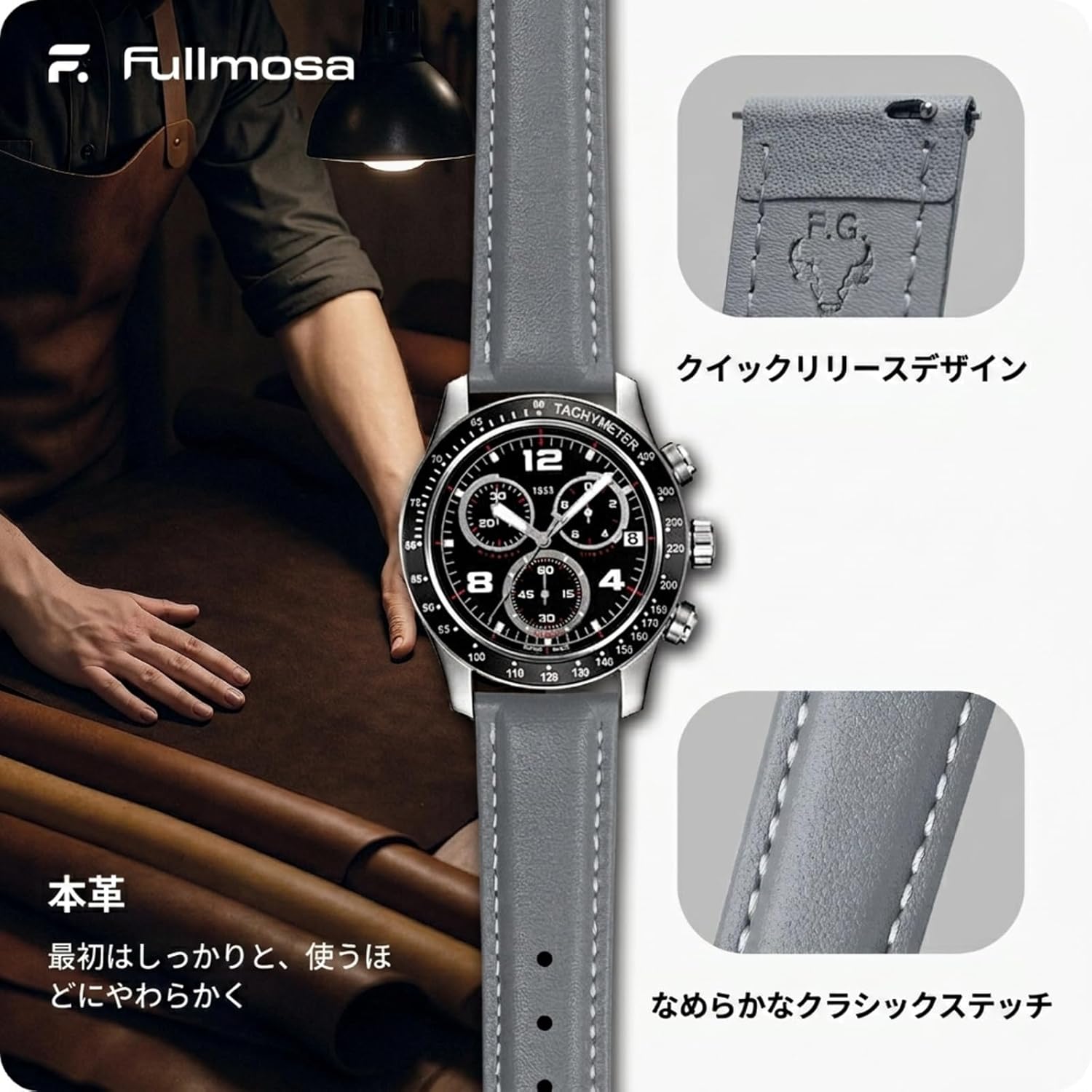 Fullmosa Genuine Leather 20mm Top Grain Leather Strap Watch Replacement Band Smart Watch Band for Men and Women (20mm, Gray)