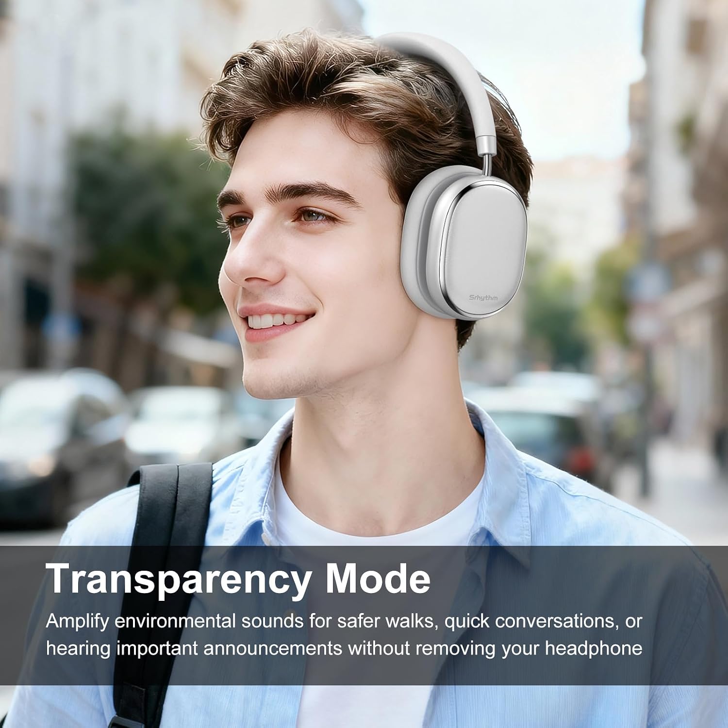 Srhythm NC95 Wireless Headphones Bluetooth 6.0 Hybrid Noise Cancelling Over-ear Headphones with Ambient Sound Mode, ENC Microphone, Up to 100 Hours of Continuous Playback, Silver