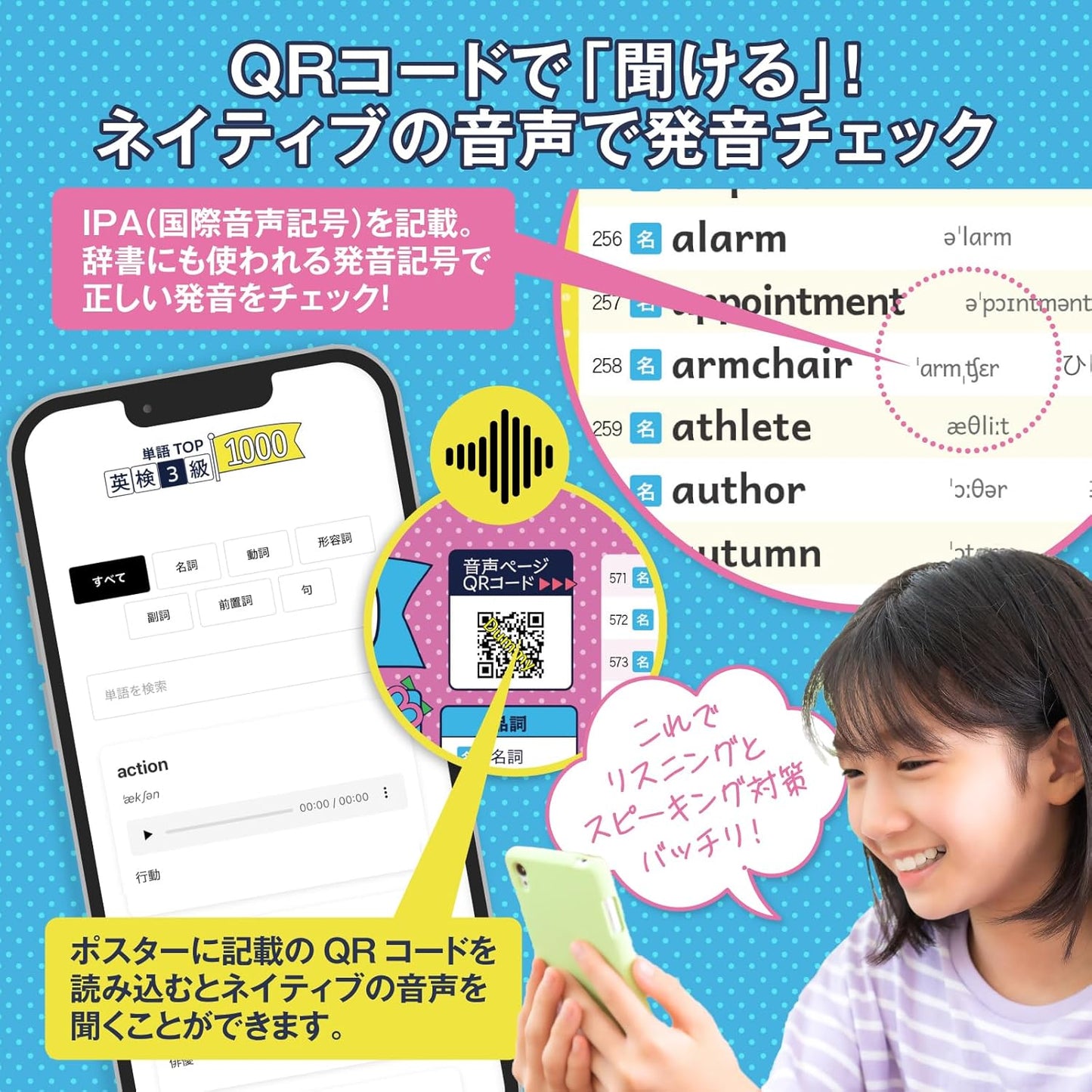 O Furo no Gakkou Eiken Level 3 English Vocabulary Summary Bathroom Poster 4-Piece Set with Audio 1000 Words Recorded B3 Size Made in Japan for Exam Eiken English English Conversation Waterproof Water