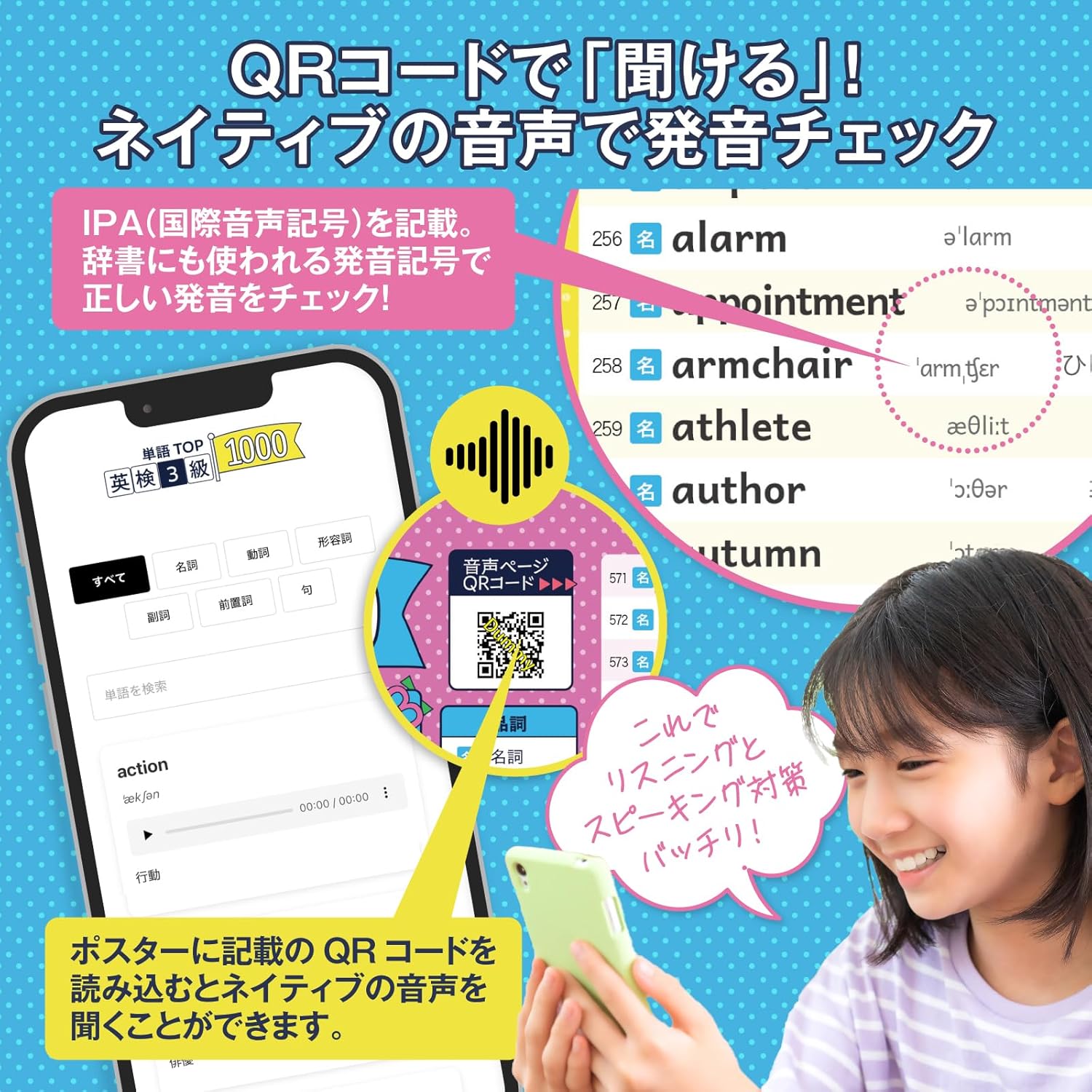 O Furo no Gakkou Eiken Level 3 English Vocabulary Summary Bathroom Poster 4-Piece Set with Audio 1000 Words Recorded B3 Size Made in Japan for Exam Eiken English English Conversation Waterproof Water