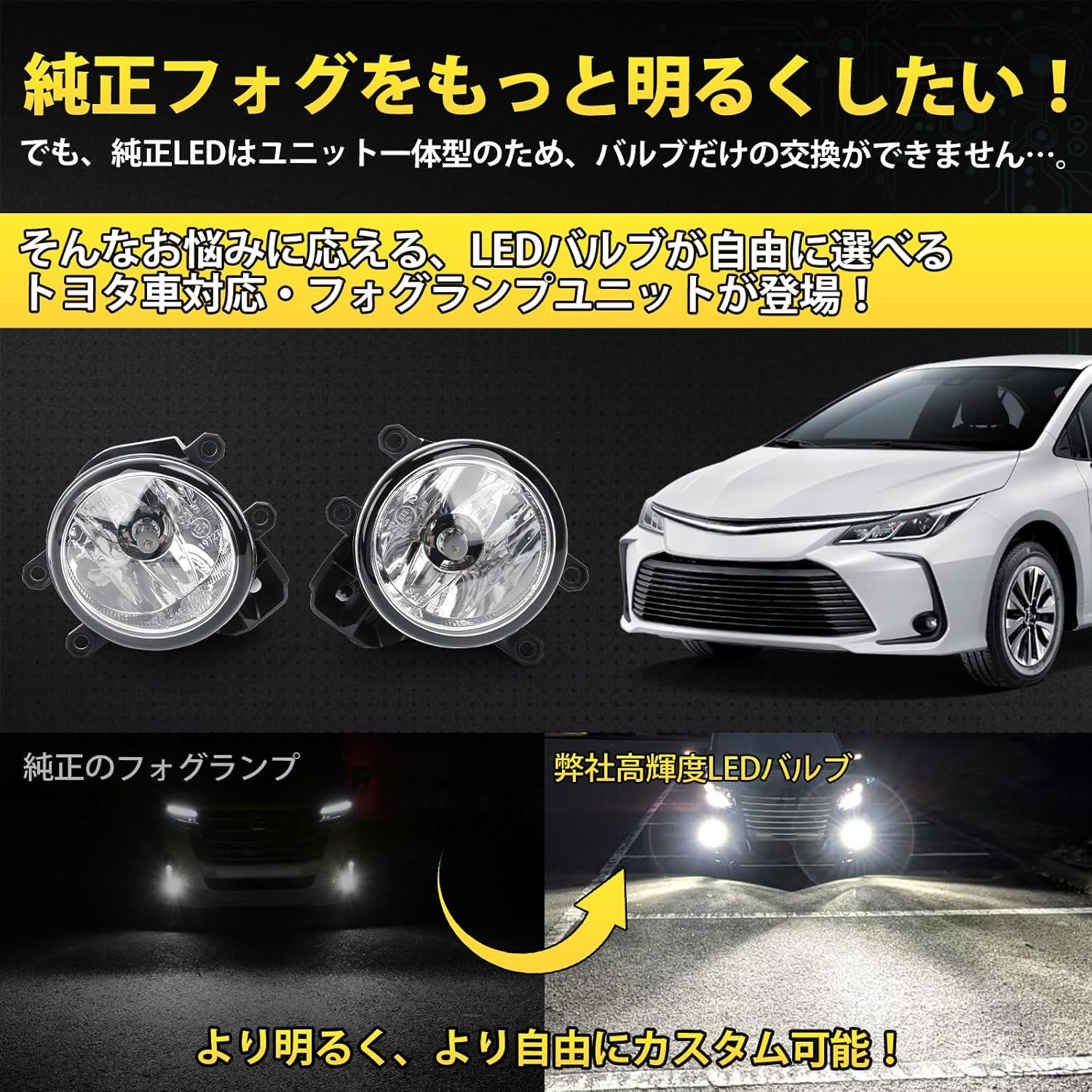 Fog Light Unit, Compatible with Toyota Cars, Genuine Replacement, No Processing Required, Compatible with H8/H11/H16 LED Bulbs, Adjustable Optical Axis, E-Mark Certified, IP68 Waterproof