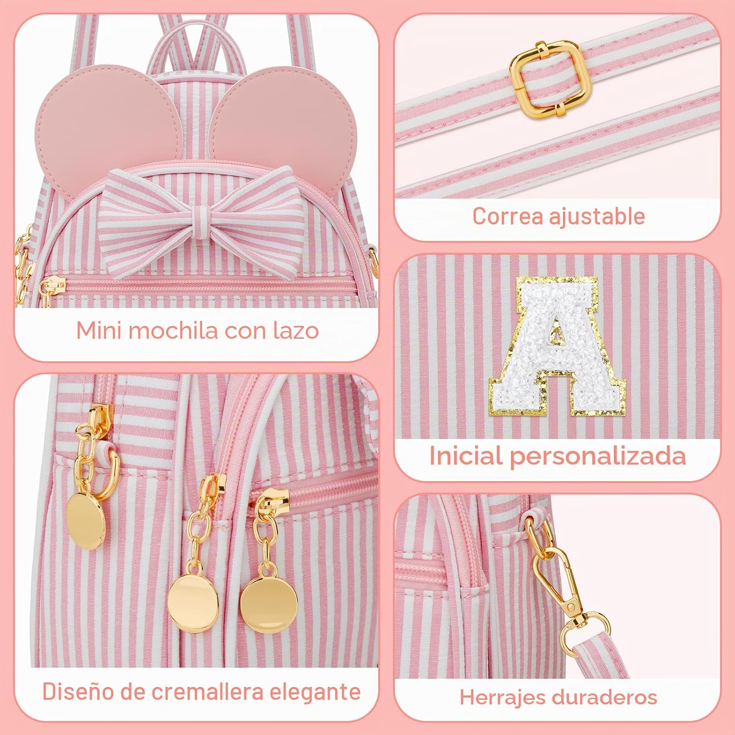 Regalo de cumpleaños personalizado para niñas pequeñas, mochila pequeña con inicial para niñas pequeñas, lindo mini bolso para niños de 3 a 10 años, rosa A