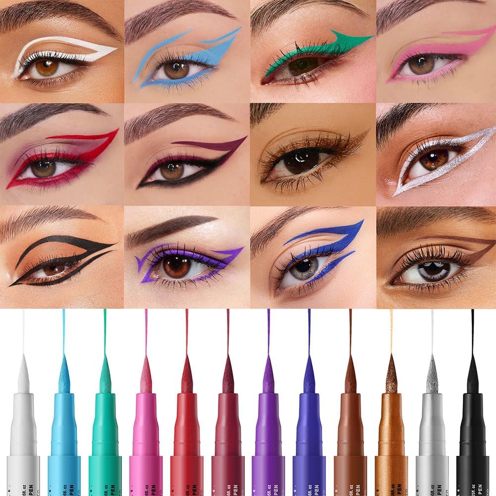 Multicolor Eyeliner 12 Colors Liquid Color Eyeliner, Extra Fine, Waterproof and Sweatproof, Long Lasting, For Beginners - 01# White