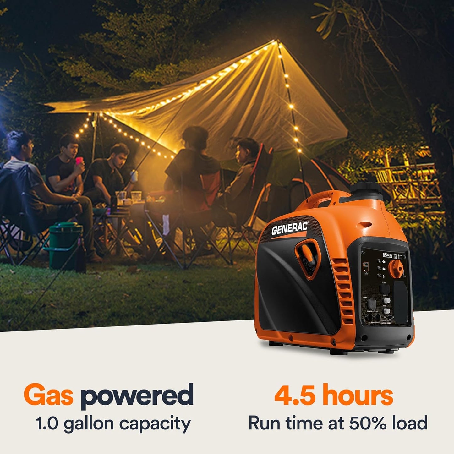 Generac 8251 GP2500i 2,500 Watt Gas Powered Portable Inverter Generator - Compact and Lightweight Design - Produces Clean and Stable Power - COsense Technology - CARB Compliant - Orange/Black