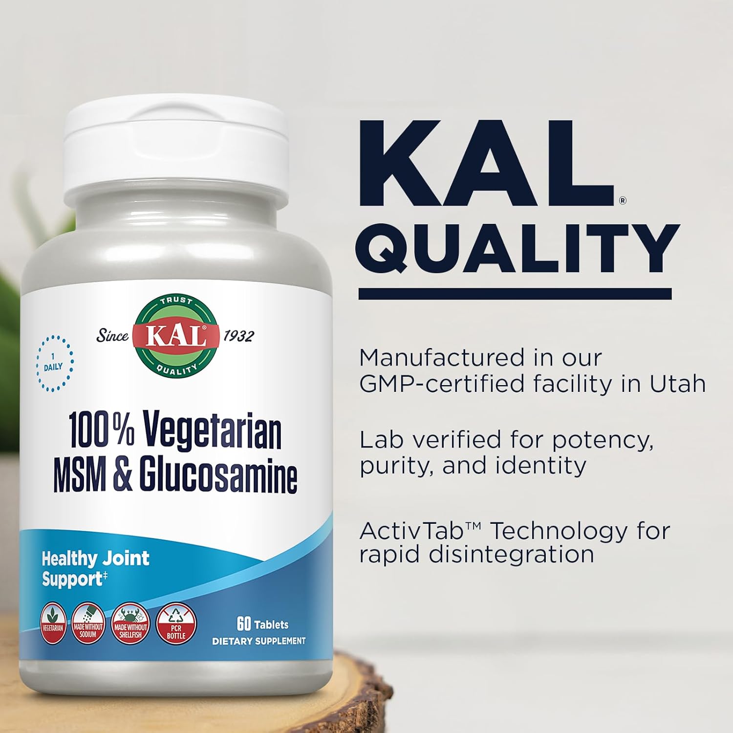 KAL 100% Vegetarian MSM and Glucosamine Tablet, 500 mg, 60 Count by Kal