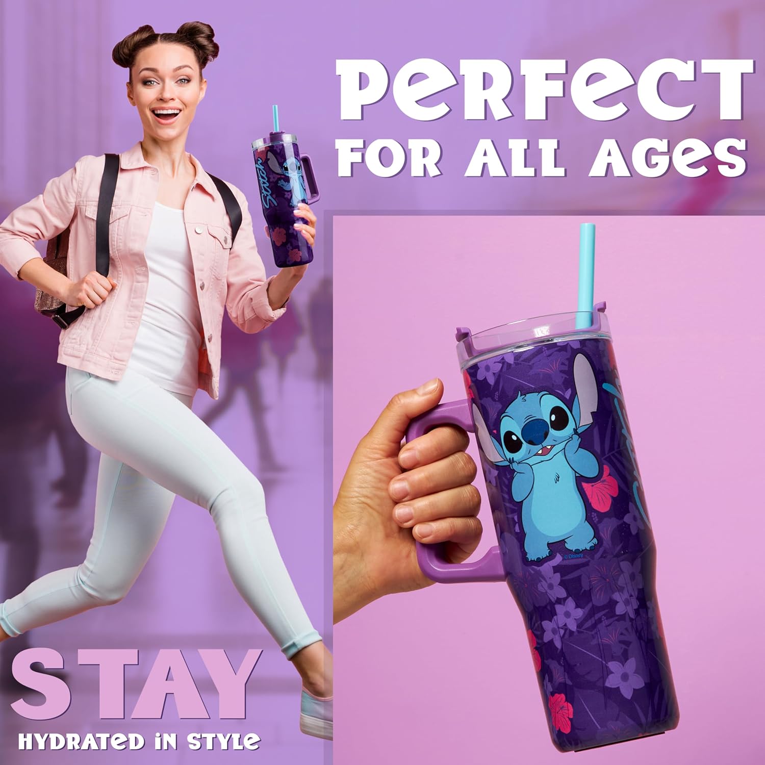 Taza de viaje aislada de Disney Stitch de 33 oz de acero inoxidable con asa y popote, botella de agua térmica de doble pared con aislamiento al vacío, compatible con portavasos para bebidas frías y