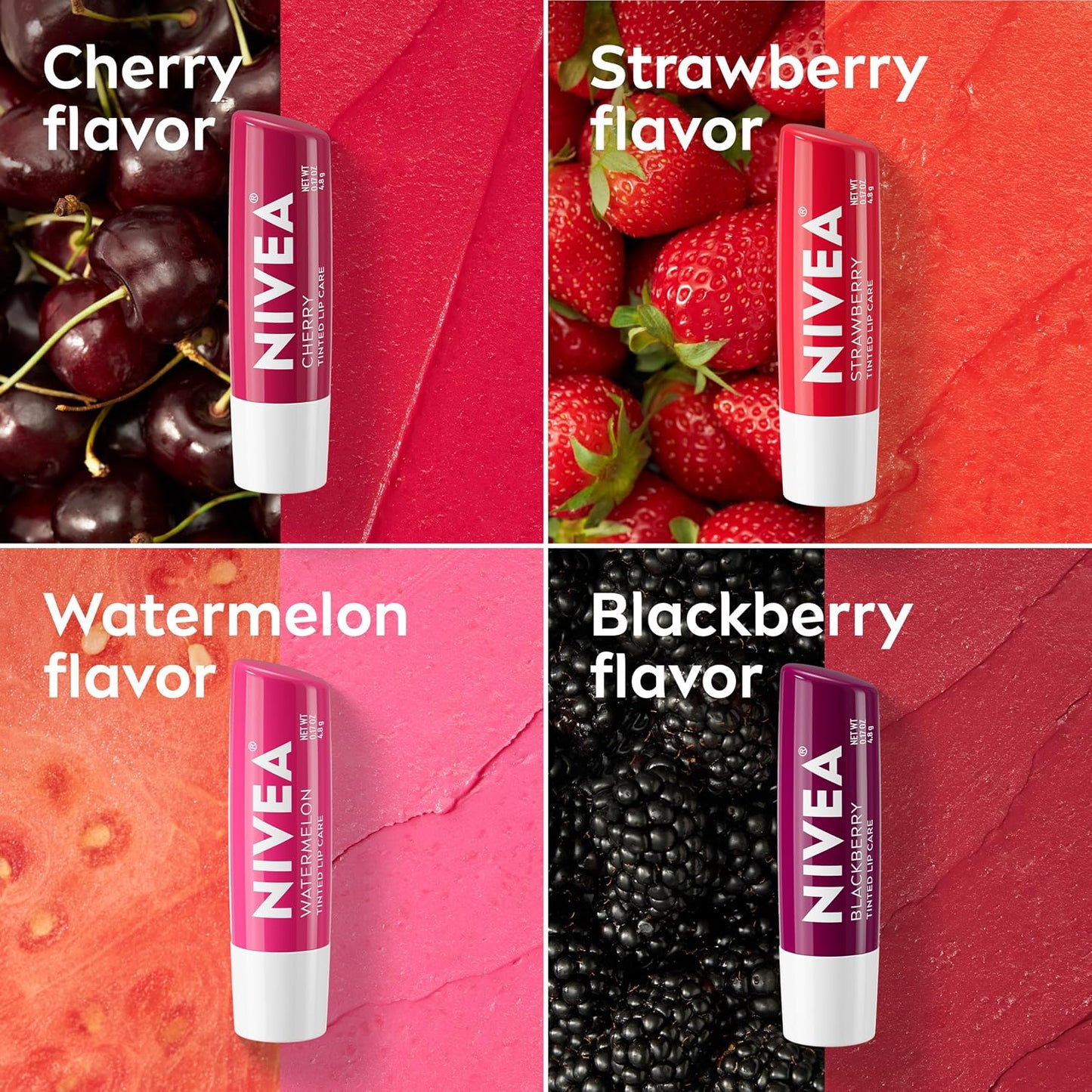 NIVEA Lip Care, Paquete Variado de Bálsamo Labial Tintado Frutal, Sabores a Cereza, Fresa, Mora y Sandía, Humedad, Reparación y Color 3-en-1, Barra de 0.17 Oz, Paquete de 4