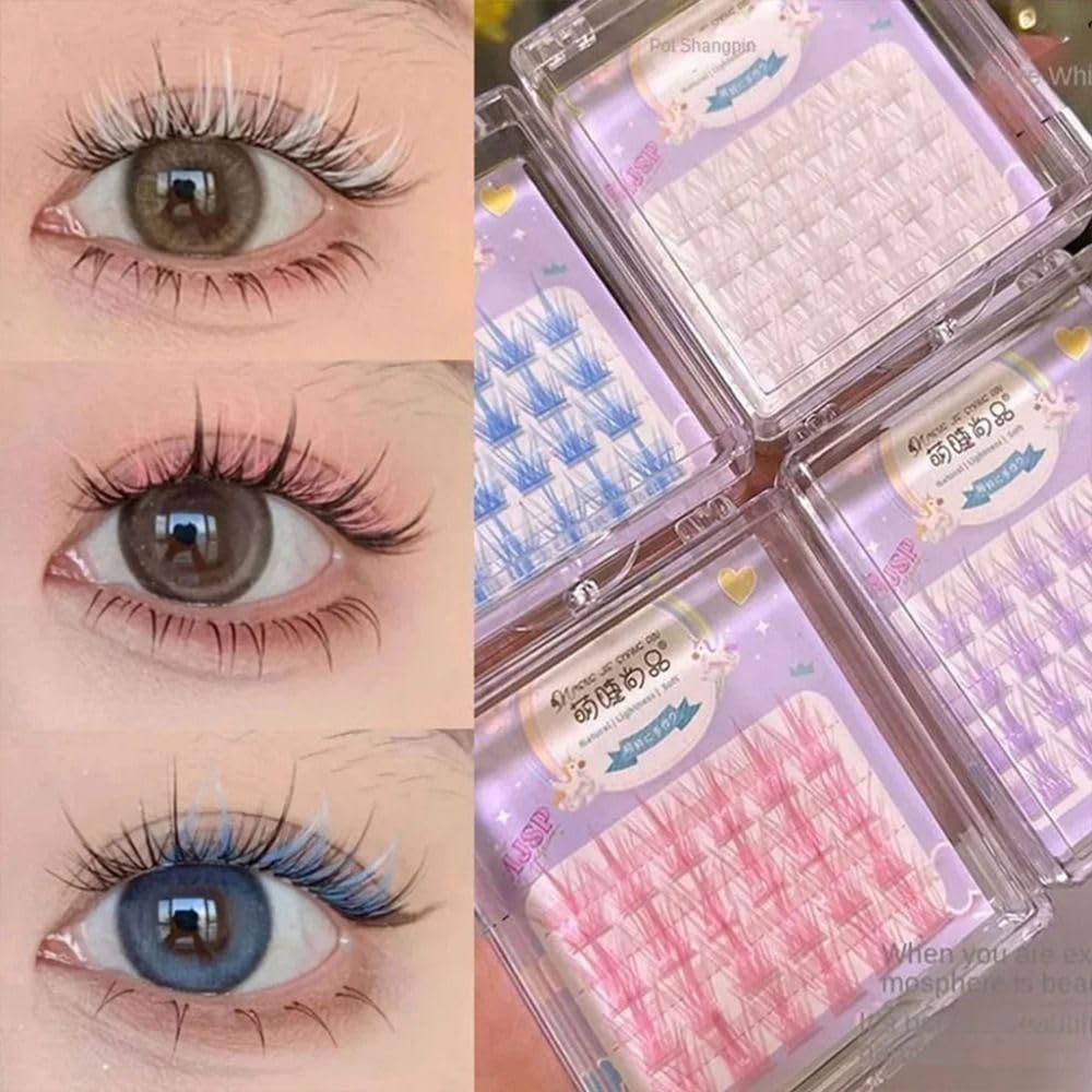 Colorful Segment Eyelashes 3D Mink Hair False Eyelashes Soft Stem Natural Thin Individual Eyelashes Spicy Girls Eyelashes (Blue)