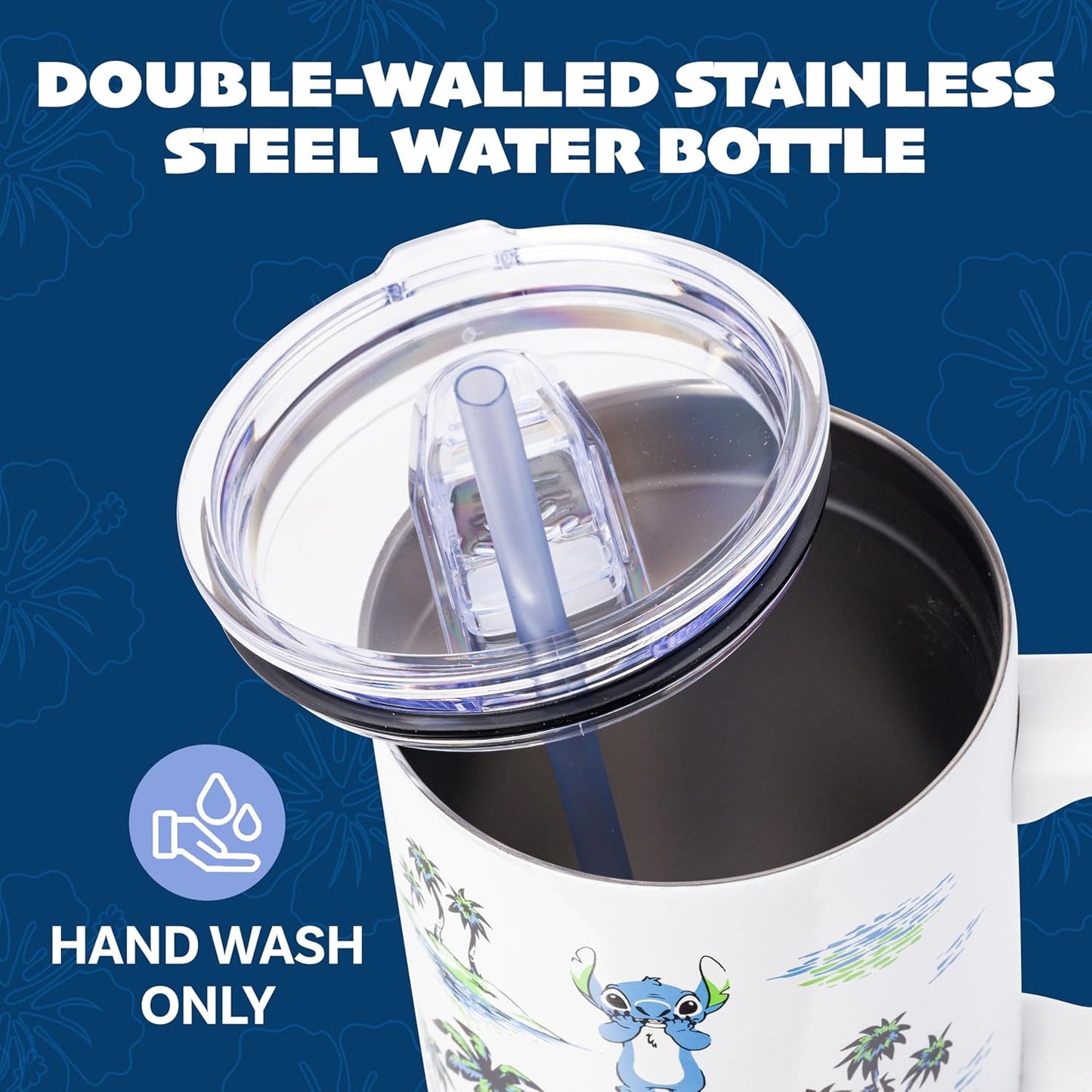 Silver Buffalo Disney Lilo and Stitch - Vaso de acero inoxidable de doble pared con asa y pajilla, diseño vintage, palmeras y flores, se adapta al portavasos estándar, 40 onzas
