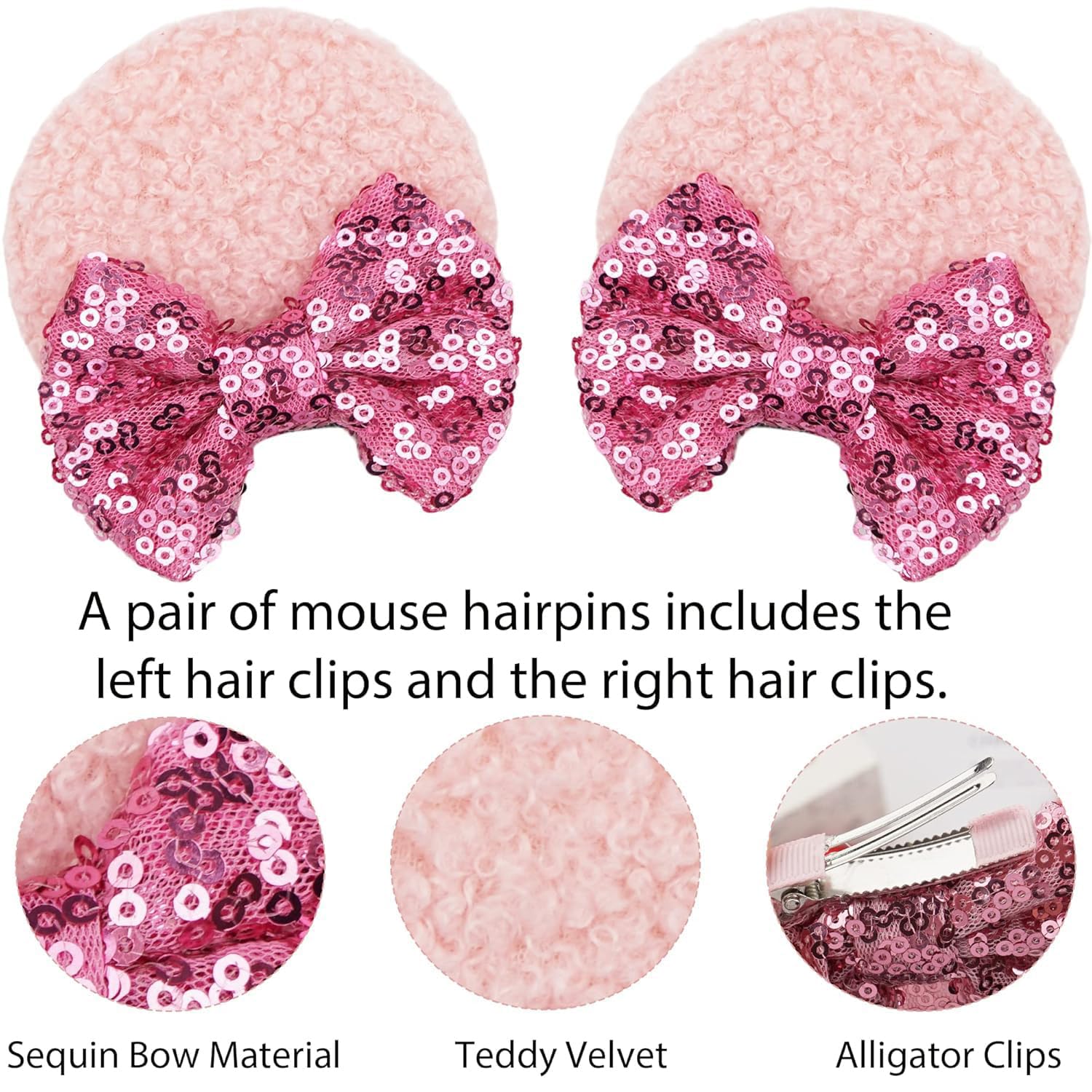 Qearl 12 piezas de orejas de ratón de lentejuelas, lazos para el pelo de ratón con pinzas de cocodrilo, accesorios para el cabello para parque temático, decoración de fiesta de disfraces para niñas pequeñas