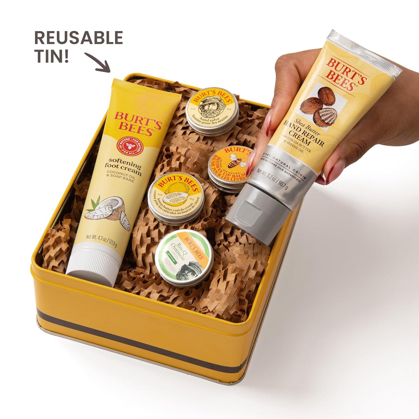 Ideas de regalos de Burt's Bees - Set clásicos, 6 productos en lata de regalo – Crema para cutículas, bálsamo para manos, bálsamo labial, ungüento Res-Q, reparación para manos y crema para pies