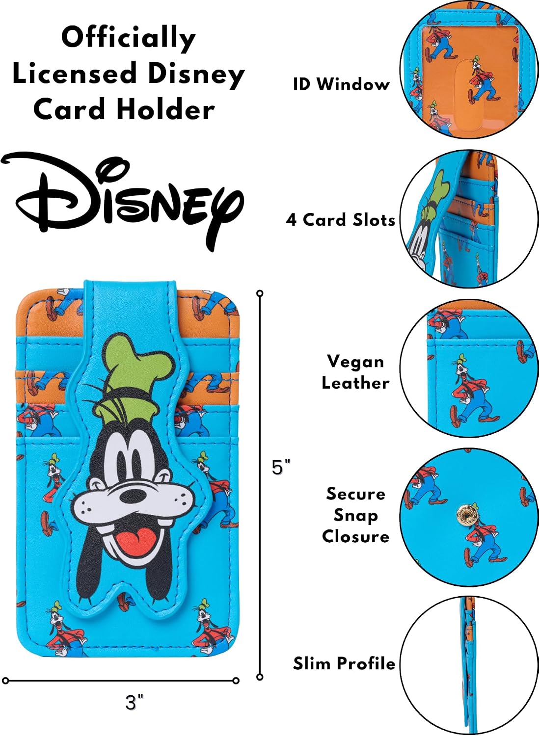 Disney Tarjetero para mujer, delgado y compacto, cartera de crédito, pequeño broche de presión, novedad de viaje, Goofy Azul Naranja | Small