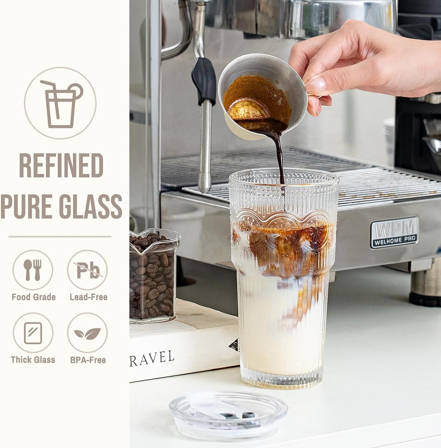 SoulTimes Juego de 2 vasos de vidrio acanalados y florales de 20 onzas, vasos de vidrio reutilizables con tapa y popote de vidrio, tazas de café helado para agua, batido, leche, cóctel y más, perfecto