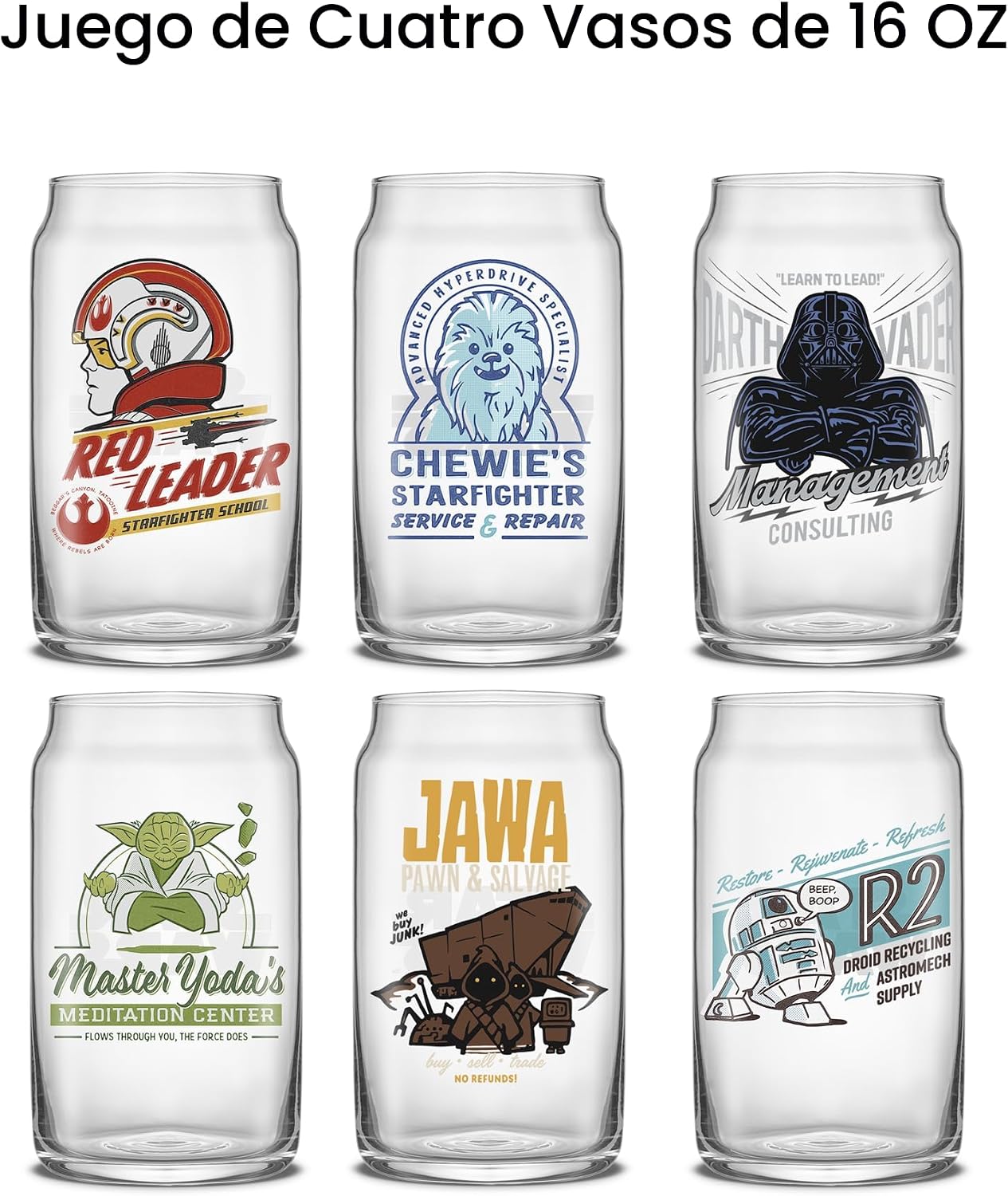 JoyJolt Star Wars Colección Retro Vintage 16.9 oz Vasos de Vidrio - Con Darth Vader, R2D2, Yoda, Chewbacca, Red Leader, Jawa - Vajilla de la Trilogía Original, Juego de 6 con Popotes de Vidrio