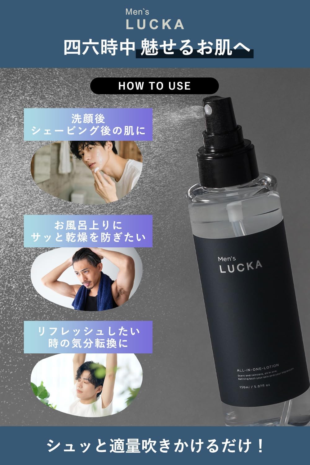 LUCKA Men's Lotion, Spray Type, High Moisturizing, Deodorizing, For Men, Dry Skin, Sensitive Skin, Aging Care, Non-Sticky, Time Saving, Skin Care, All-in-One Fragrance Spray, Lucka All-in-One Mist