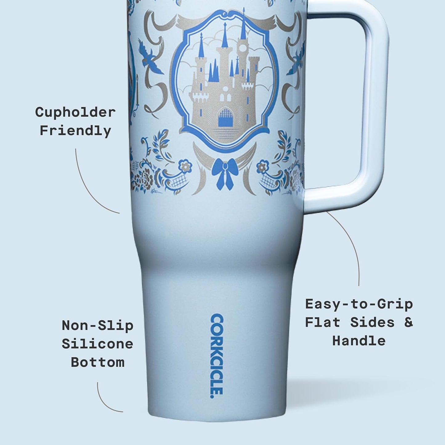 Corkcicle Cruiser Vaso Térmico Aislado con Asa y Pajita - Mantiene las Bebidas Frías 20 Horas - Triple Aislamiento - Regalo de Bebidas de Verano - Mantiene las Bebidas Heladas - 40 oz - Princesa