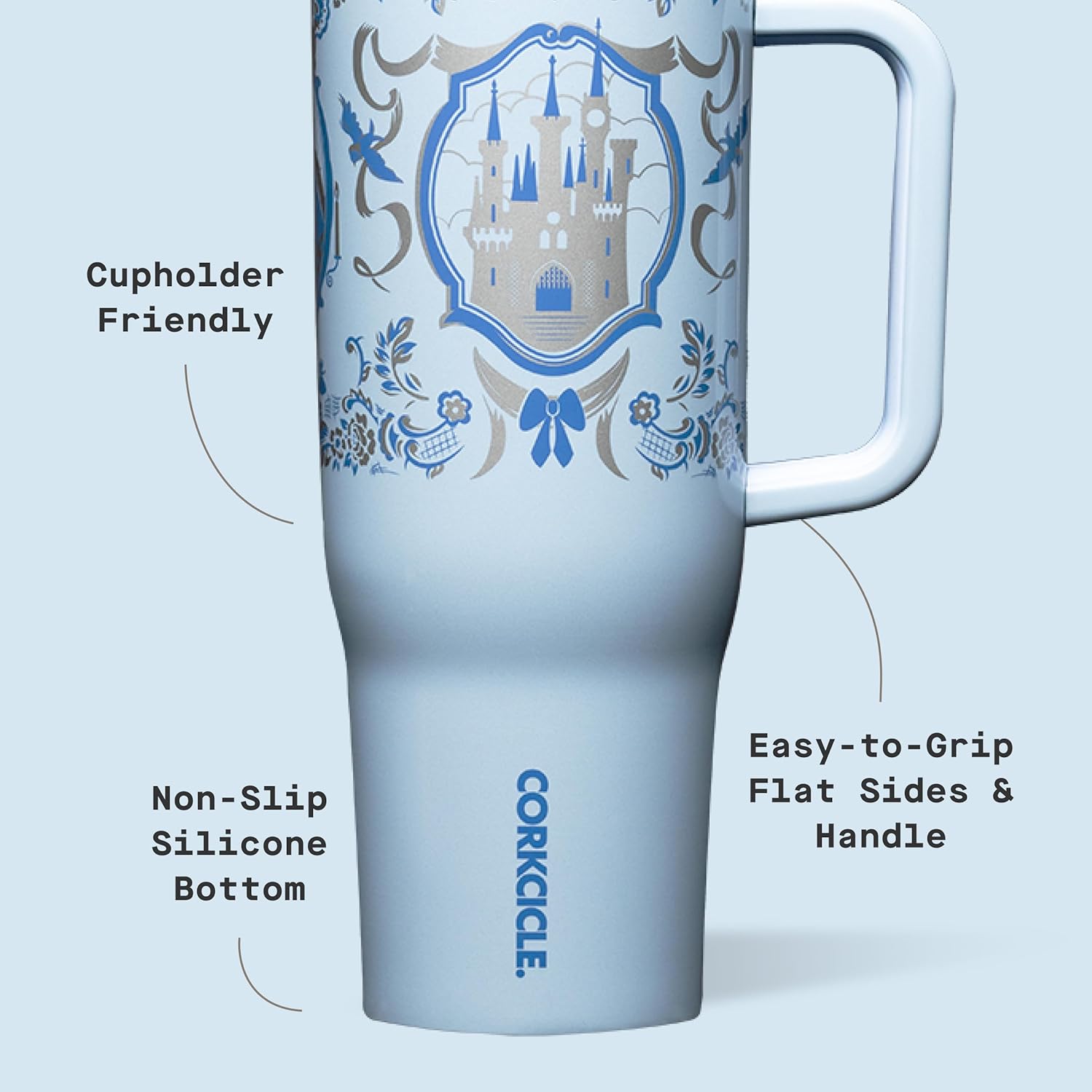 Corkcicle Cruiser Vaso Térmico Aislado con Asa y Pajita - Mantiene las Bebidas Frías 20 Horas - Triple Aislamiento - Regalo de Bebidas de Verano - Mantiene las Bebidas Heladas - 40 oz - Princesa