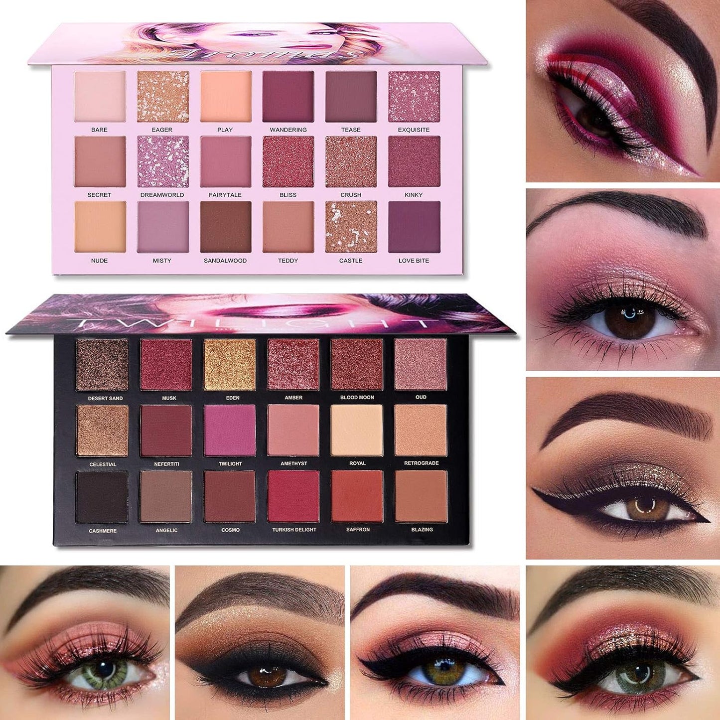 CHARMCODE Juego de 2 Paletas de Sombra de Ojos Crepúsculo Anochecer + Aromas Nude Maquillaje, Mate Brillante con Purpurina Perla Prensada Todo Altamente Pigmentado Polvo Difuminador, Kit de Sombra de