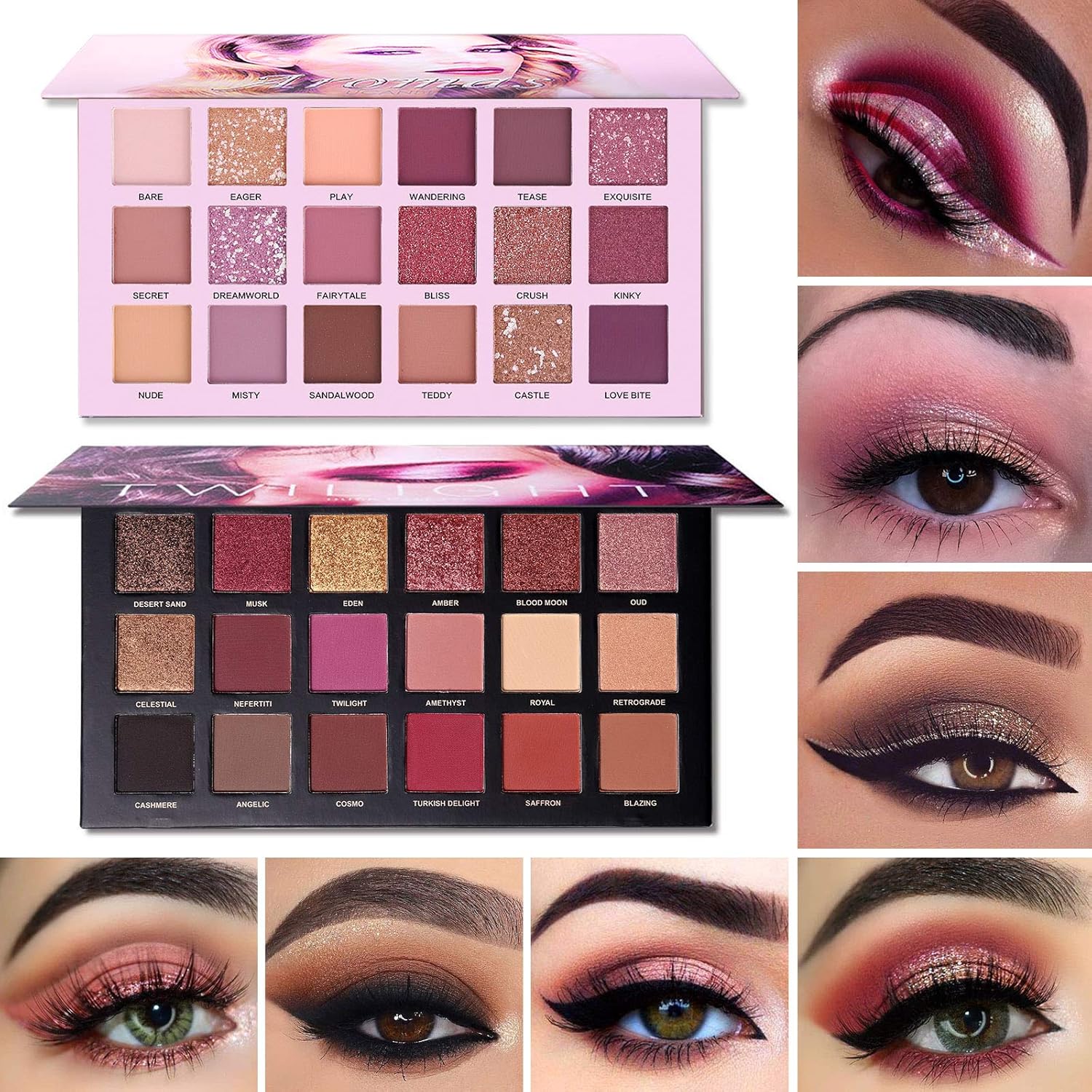 CHARMCODE Juego de 2 Paletas de Sombra de Ojos Crepúsculo Anochecer + Aromas Nude Maquillaje, Mate Brillante con Purpurina Perla Prensada Todo Altamente Pigmentado Polvo Difuminador, Kit de Sombra de
