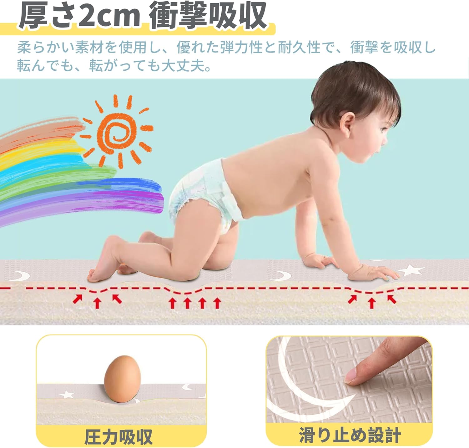 Artake Baby Play Mat, Easy to Store, Joint Mat, Thick, Foldable, Waterproof, Soundproof Mat, Baby Mat, Nap Mat, Moon Stars, 79 x 71 x 0.8 inches (200 x 180 x 2 cm)