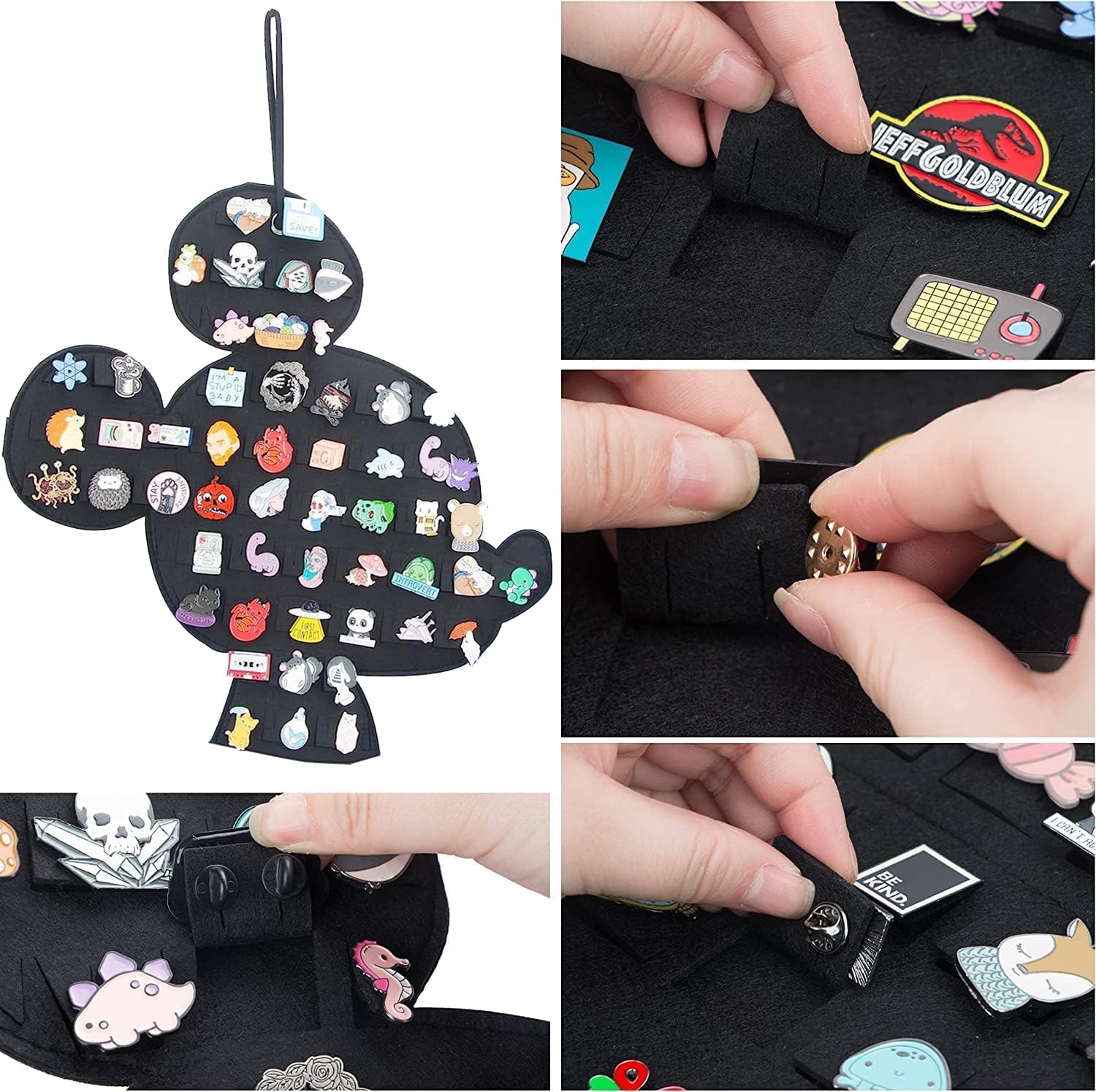 Organizador de broches colgantes, exhibición de pines esmaltados, lindo soporte de almacenamiento con forma de dibujos animados para broches (negro + rosa)