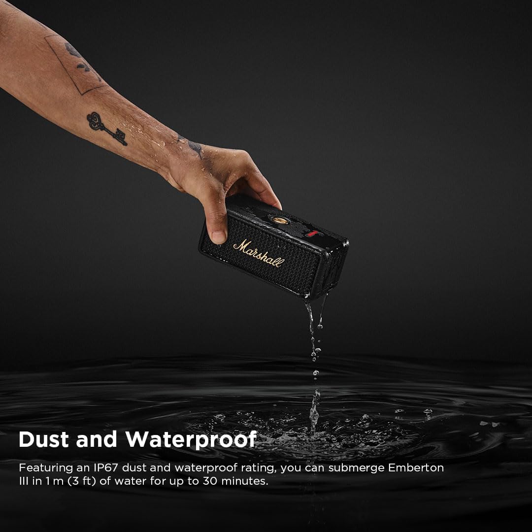 Marshall Wireless Portable Waterproof Speaker Emberton III Black & Brass Continuous Playback 32 Hours/IP67 Waterproof/Compact/Fast Charging [Domestic Genuine Product]