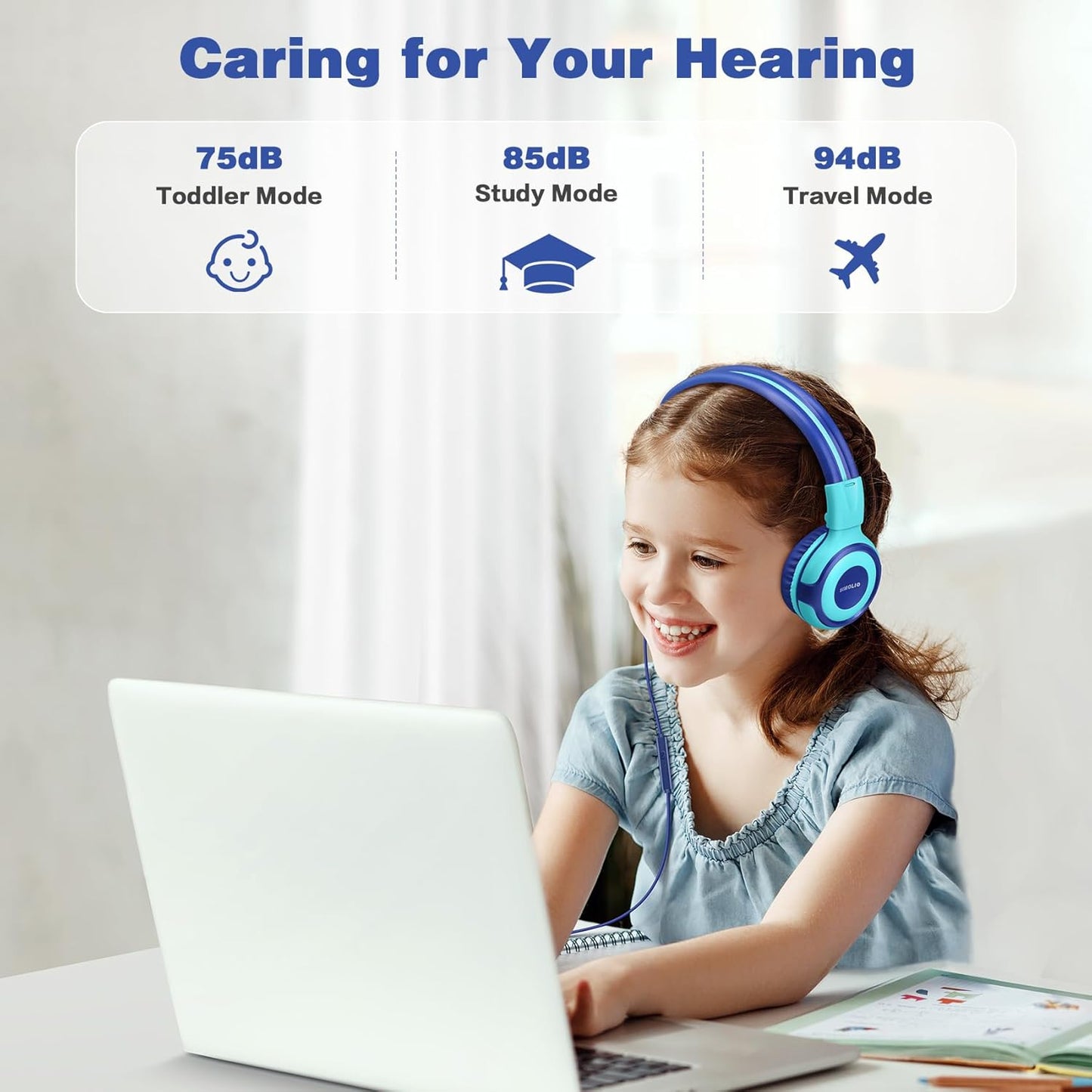SIMOLIO Manyshare Series - 2 Pack Kids Headphones for School with Sharing Port 75/85/94dB Volume Limited Wired Headphones with Mic for Chromebook iPad Foldable Headset Airplane School Gaming for Boys Girls