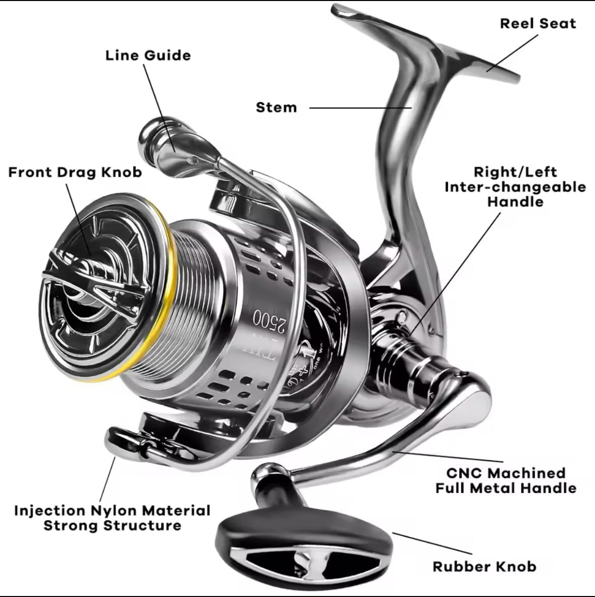 Fi's+7 Spinning Reel, Various Counts, Maximum Drag Force 17.8 - 33.3 lbs (8 - 15 kg), Gear Ratio 5.5:1, Left and Right Interchangeable Handles, 12+1BB Ball Bearings, Compatible with Many Species, 2000