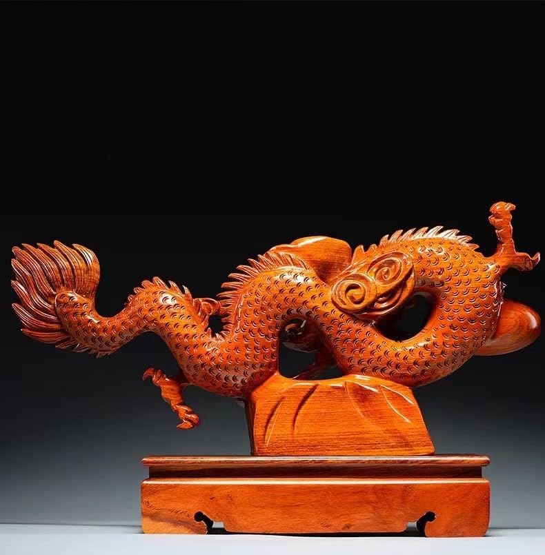 SUNCN 伝統工芸品 商売繁盛 オフィスオー 風水黄金龍 少量生産品 龍の置物 開運祈願 風水 昇龍 金運祈願花梨木 木彫り龍30X8X26cm