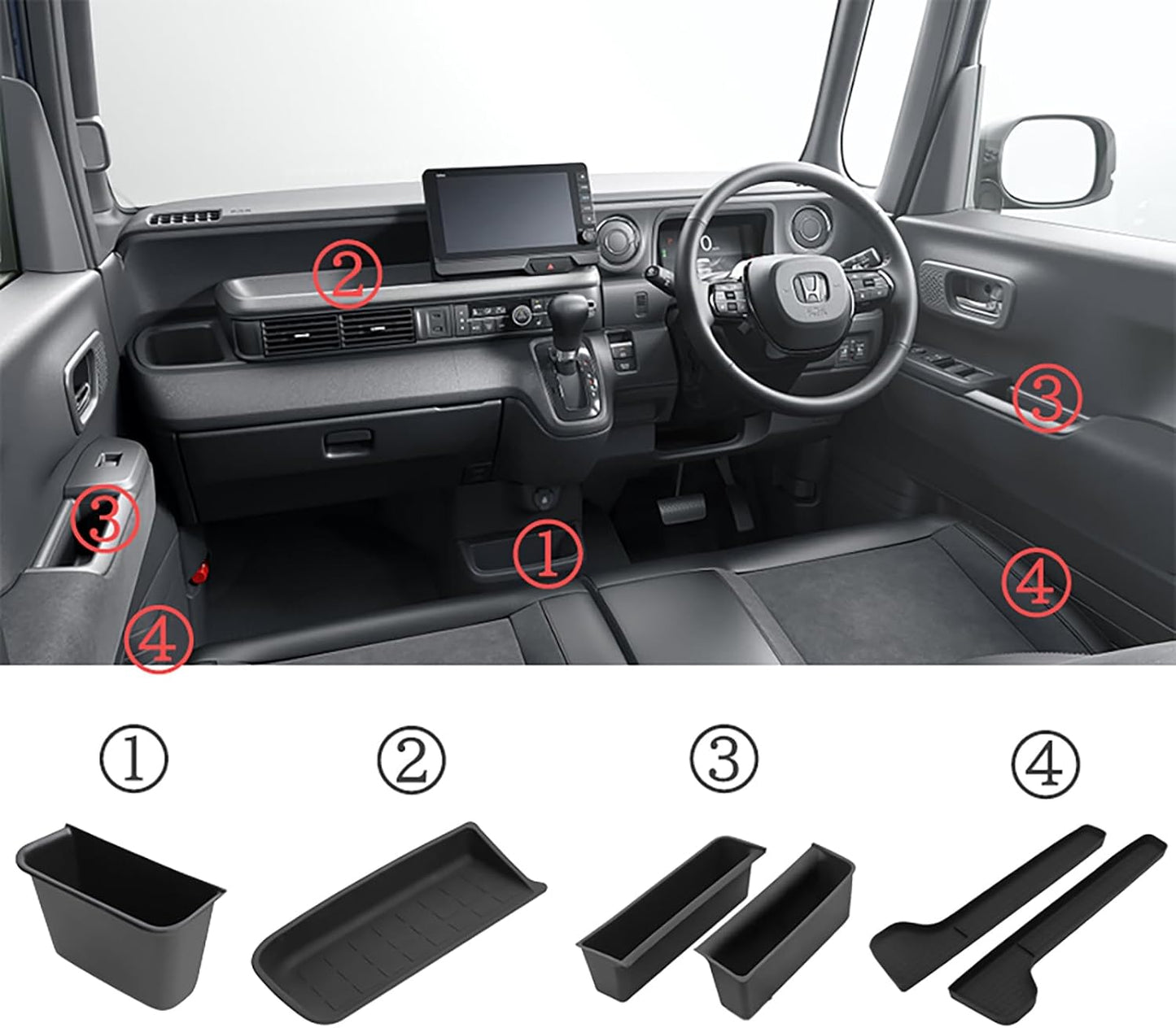 Honda Accessories N-BOX JF5 JF6 Dedicated Storage Parts Console Box, Passenger Tray, Door Handle Box, Door Side, Rubber Mat, Fits NBOX Custom 2023 and Up (4 Piece Full Set)