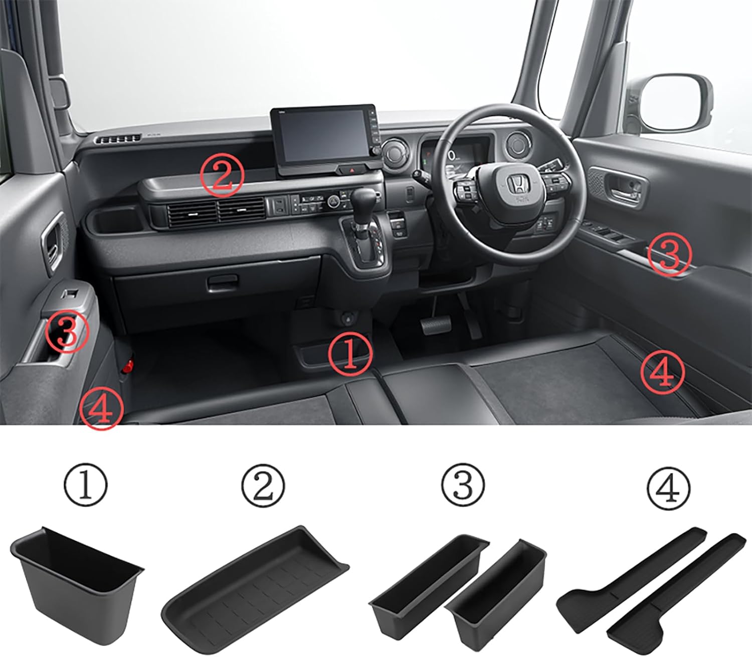 Honda Accessories N-BOX JF5 JF6 Dedicated Storage Parts Console Box, Passenger Tray, Door Handle Box, Door Side, Rubber Mat, Fits NBOX Custom 2023 and Up (4 Piece Full Set)