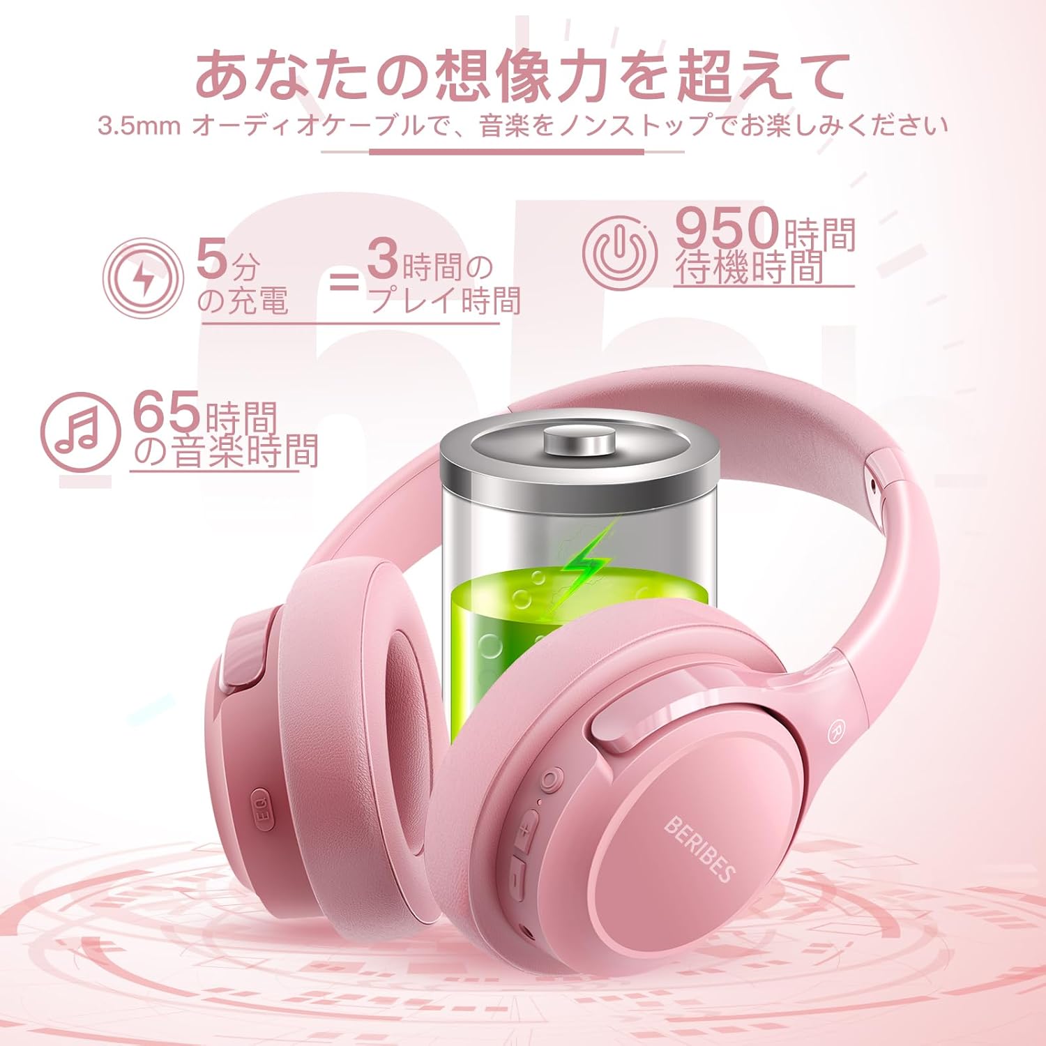 BERIBES Headphones Bluetooth 65 Hours Playback 6 EQ Modes Wireless Headphones Weighs Only 180g Comfortable Fit HD Built-in Mic Headphones HIFI Stereo... (Powder)