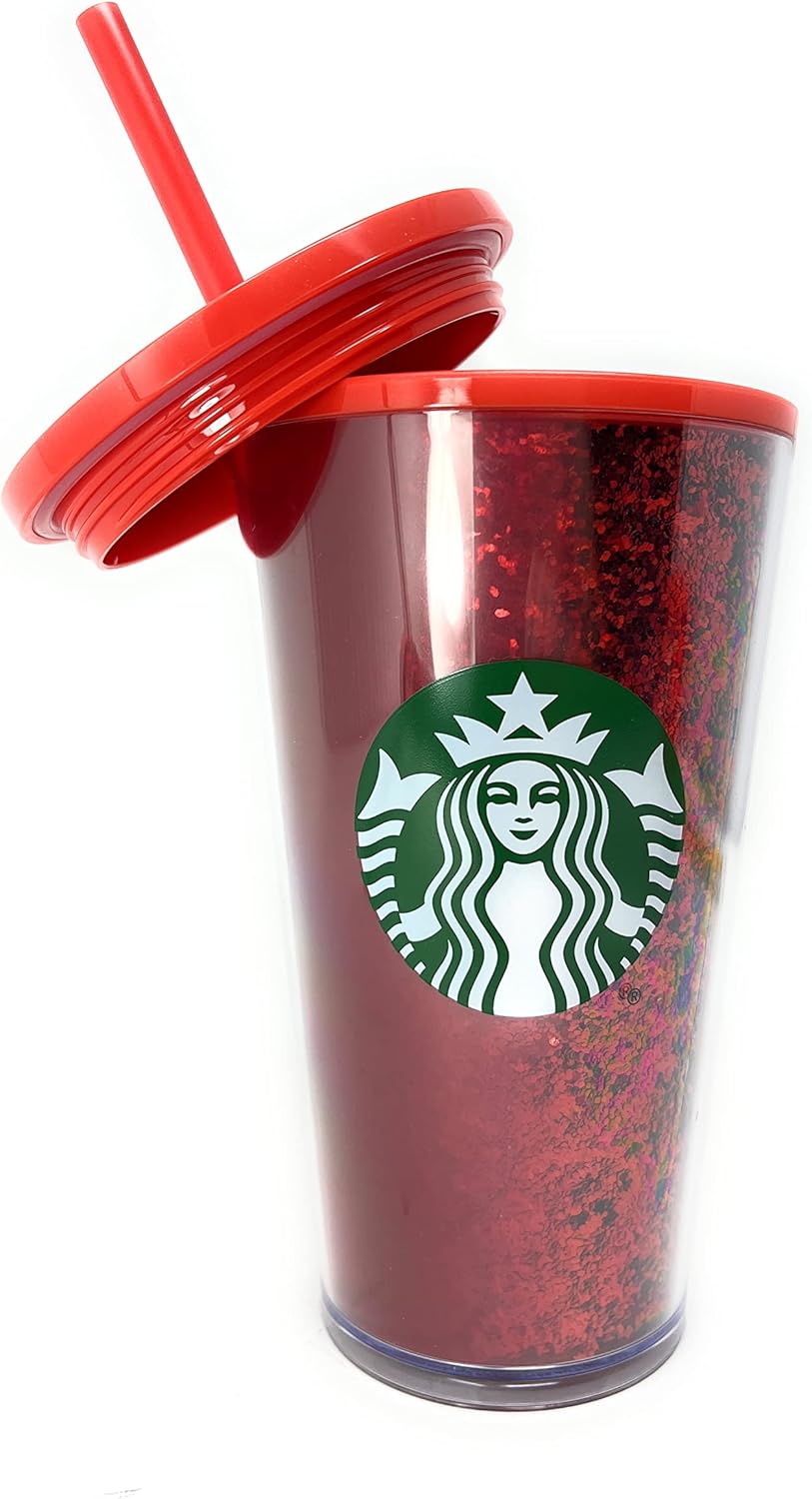 Starbucks - Vaso aislante de 16 oz con brillo rojo festivo y degradado bicolor rojo con pajita