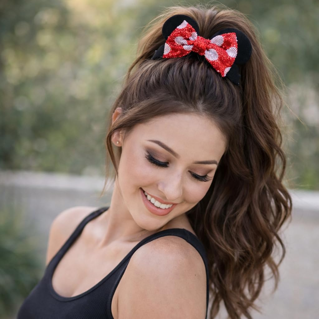 Styla Hair Paquete de 2 coleteros de ratón para niños, de terciopelo, con lentejuelas brillantes, para cola de caballo (rojo y negro)