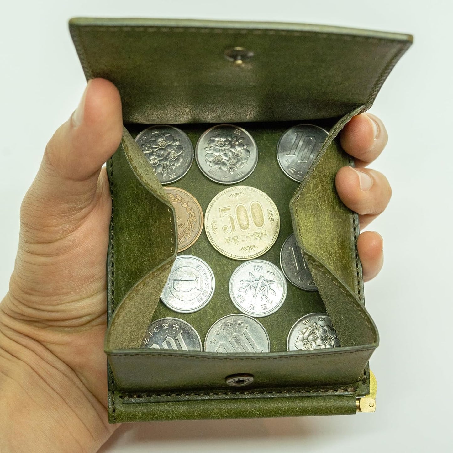 Hizu Factory Pueblo Genuine Leather Money Clip (with Coin Pocket) Made in Japan Artisan Handmade, oliva