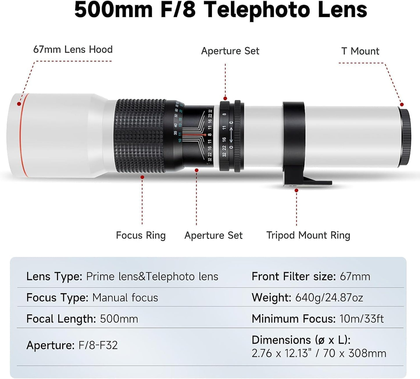 JINTU 500mm/1000mm f/8 Manual Telephoto Lens for Canon EOS nikon T3 T3i T4i T5 T5i T6 T7 T6i T6s T7i SL1 SL2 EOS 60D 70D 77D 80D 5D III 5D IV EOS 6D 7D 7D II D90 D90 D90 5600 D5200 D3200 D3400 D7500
