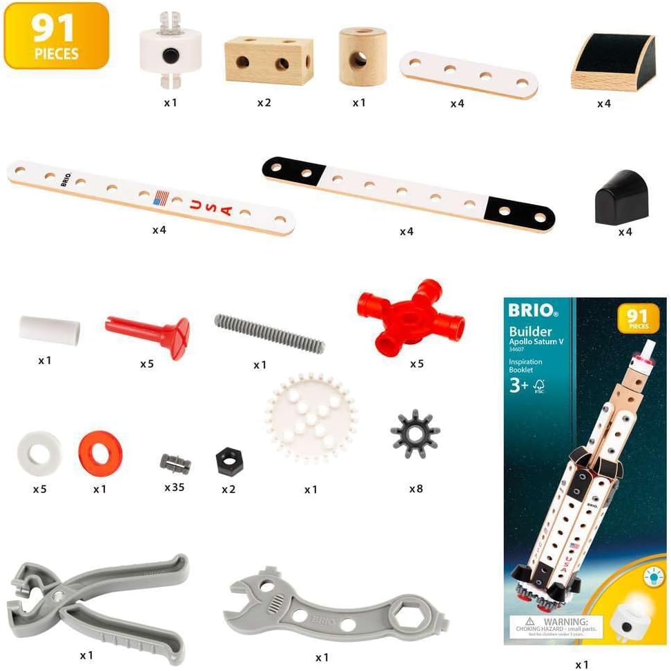Brio (ブリオ) Builder Apollo Saturn V 34607, Suitable for Ages 3 and Up, 91 Pcs. Total, [Toy, Wooden Toy, Building Block, Construction Play, Role Play, Gift (Birthday/Christmas)]