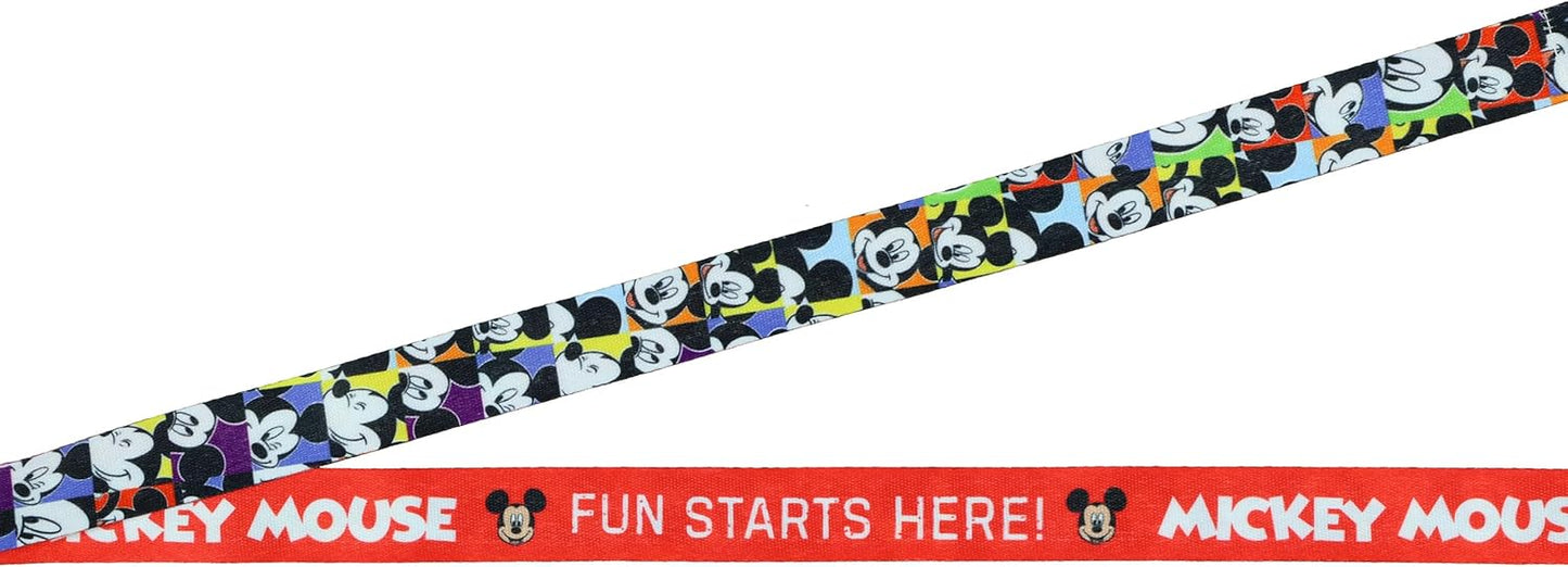 Disney Mickey Mouse Fun Starts Here - Cordón con soporte para tarjeta de identificación y dije de goma de Mickey de 2 pulgadas