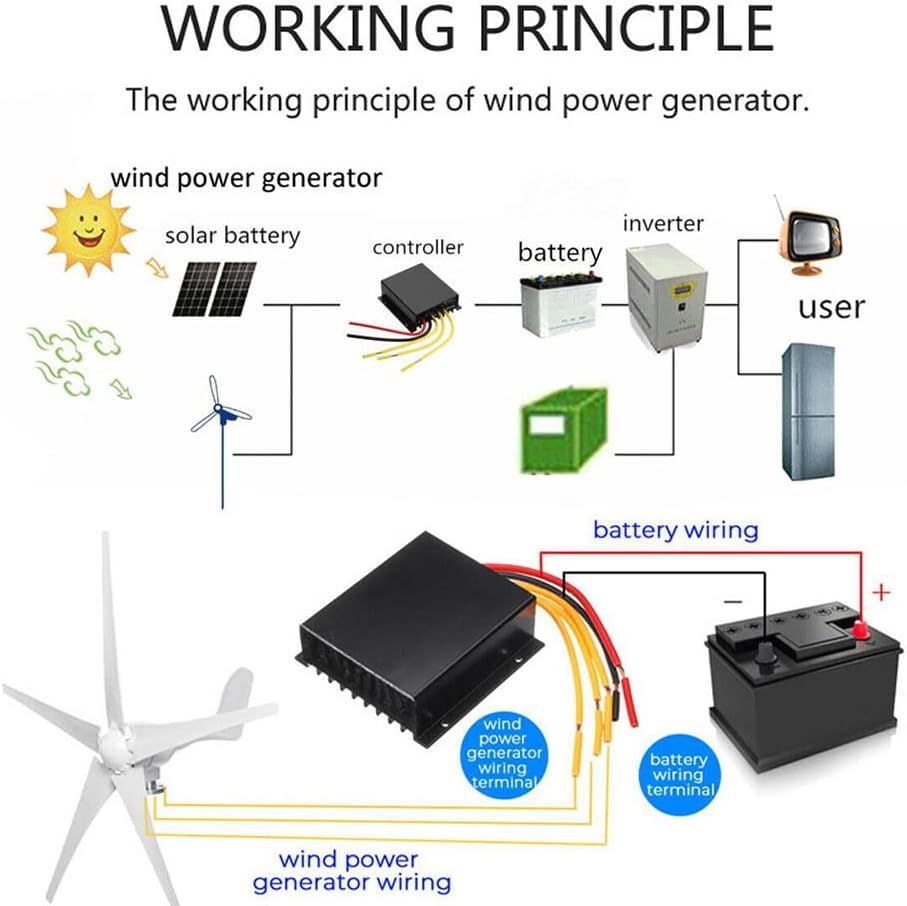風力タービン、5枚羽根フリーエナジー風車風力発電機、コントローラー付き風力タービン発電機、家庭、屋外キャンプ用、ホワイト、12V(ブラック12V)