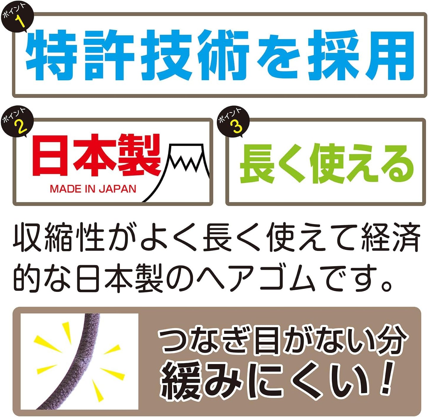Made in Japan, Wakka Rubber 9 Piece Set, Hair Elastic, Ring Rubber, No Knots, No Joints, Simple, Office, Commuting, Bulk Hair Patent: No. 3560602 (Thick, Black)