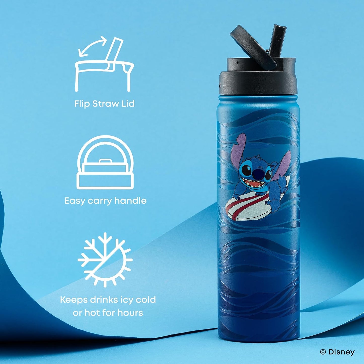 JoyJolt Disney Stitch Surf's Up - Botella de agua de acero inoxidable con tapa abatible, botella de agua aislada al vacío de 22 onzas, vaso sin BPA para escuela, gimnasio, deportes y viajes, regalos