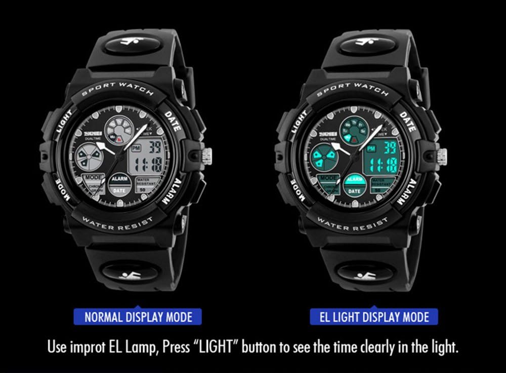 fngeen KidsスポーツウォッチLEDライトアナログデジタル防水アラームWatch for Boys ブラック