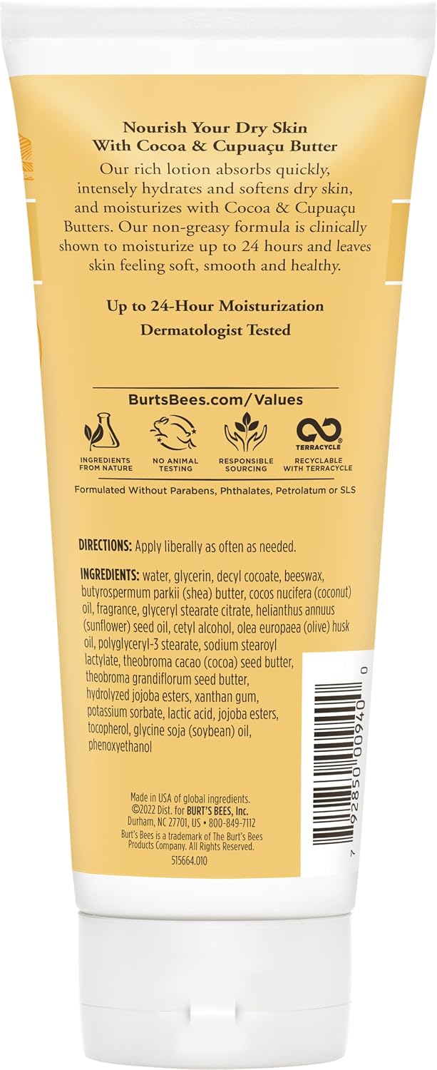 Burt's Bees Loción corporal de mantequilla para piel seca con cacao y cupuaçu, 6 onzas (el paquete puede variar)