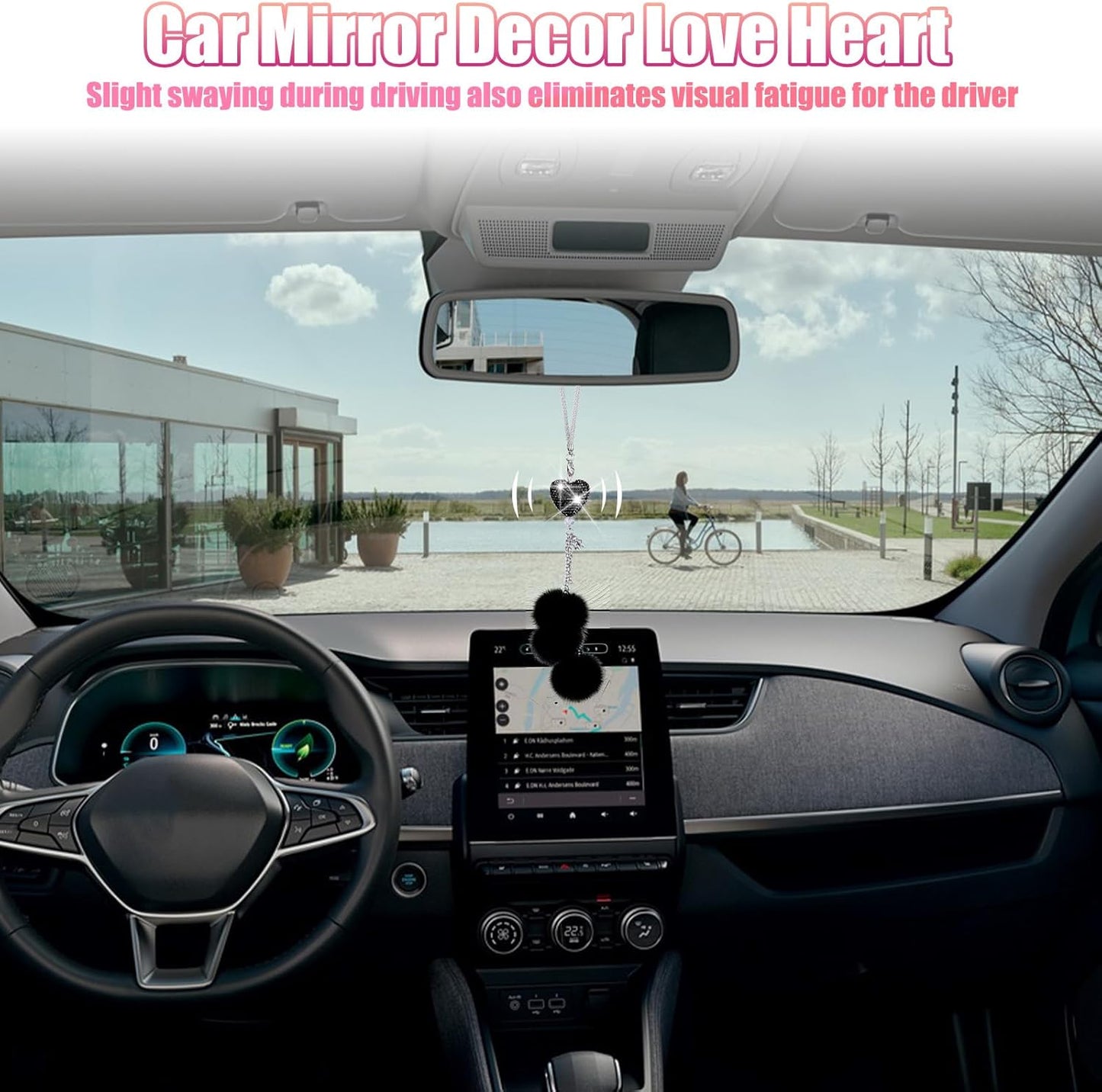 Adorno brillante para colgar en el automóvil, accesorios de espejo de automóvil para mujer, corazón de diamante y bola de felpa mullida, accesorios de automóvil para colgar, colgante para espejo