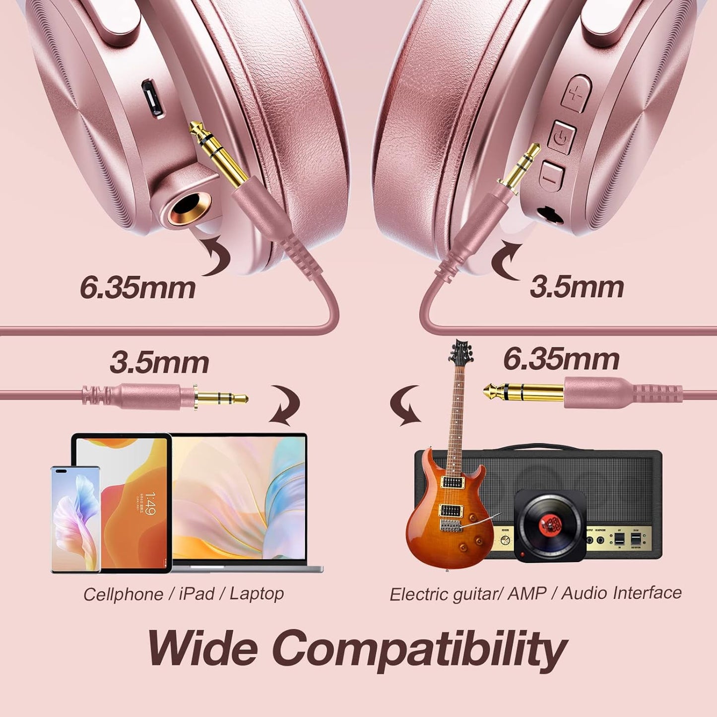 OneOdio A70 Bluetooth Over-Ear Headphones, Wireless Headphones, 72 Hours Playtime, 3.5mm/6.35mm Jack, Studio Monitor, Mixing, DJ, Guitar Amplifier, For Laptop, PC, Tablet
