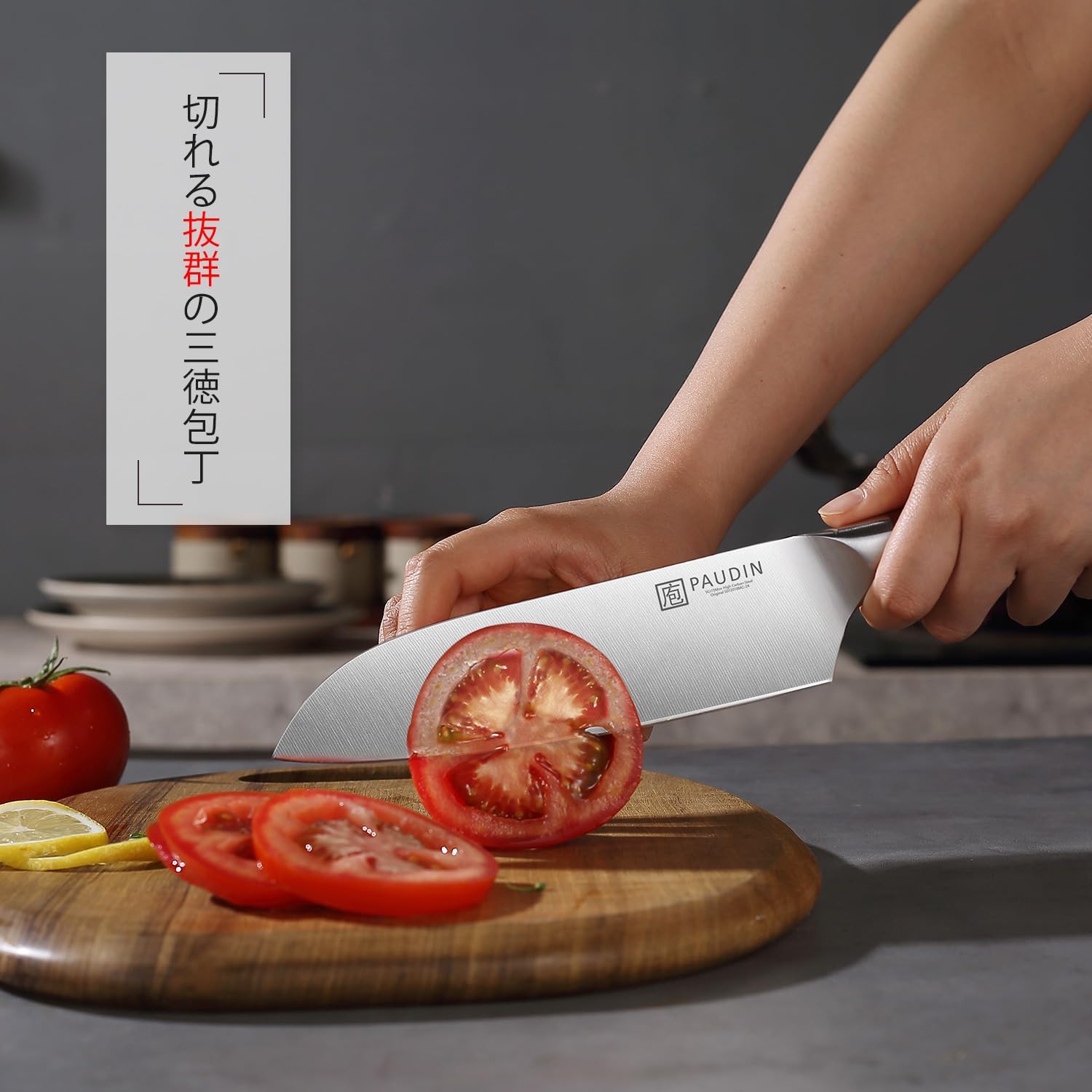 PAUDIN Santoku Knife Set, 2-Piece Set, Natural Wood Handle, Double-edged Knife, 5Cr15Mov, Stainless Steel, Rustproof, Long Sharp, For Meat/Fish/Vegetable Knife, Father's Day Gift