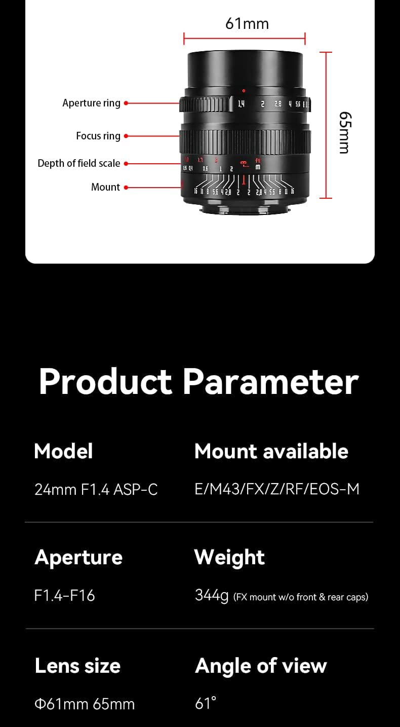 7artisans 24mm F1.4 Wide Angle Lens, 61° Angle, 7 Sheets in 6 Groups, Sharp & Vivid Picture, Compact & Lightweight (Canon EF-M Mount)